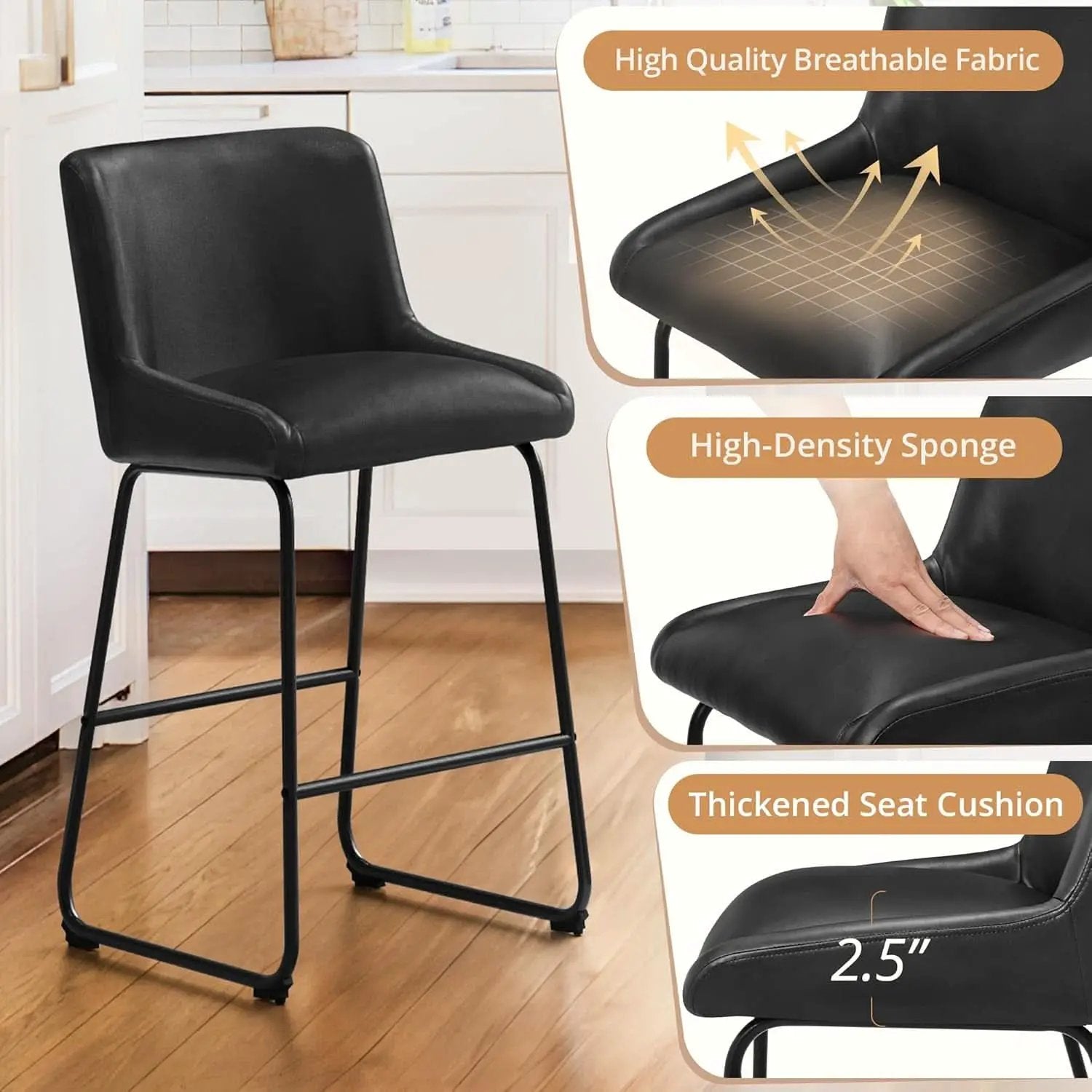 26 Inch Faux Leather Bar Stools Set Of 3 Counter Height With Back Modern Kitchen Island Chairs from PriceLows™