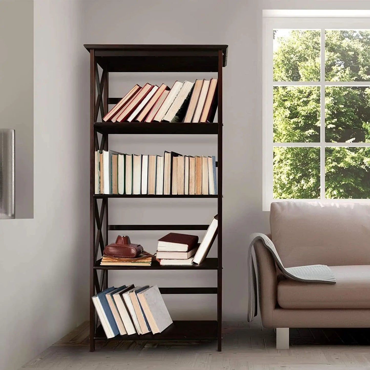 Espresso Montego Five Shelf Bookcase With X Design from PriceLows™