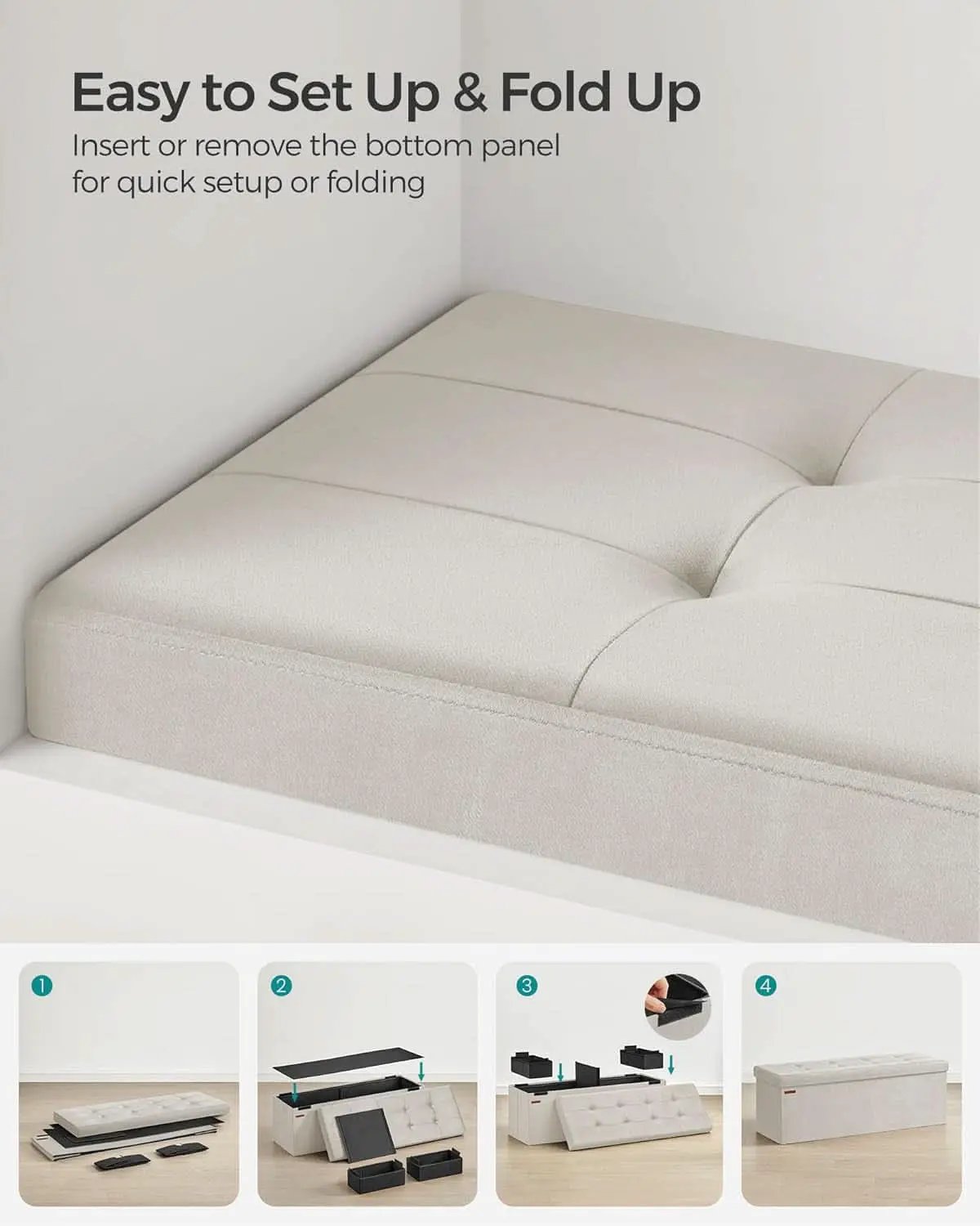 Cream White Storage Ottoman Bench Foldable 15x43x15 from PriceLows™