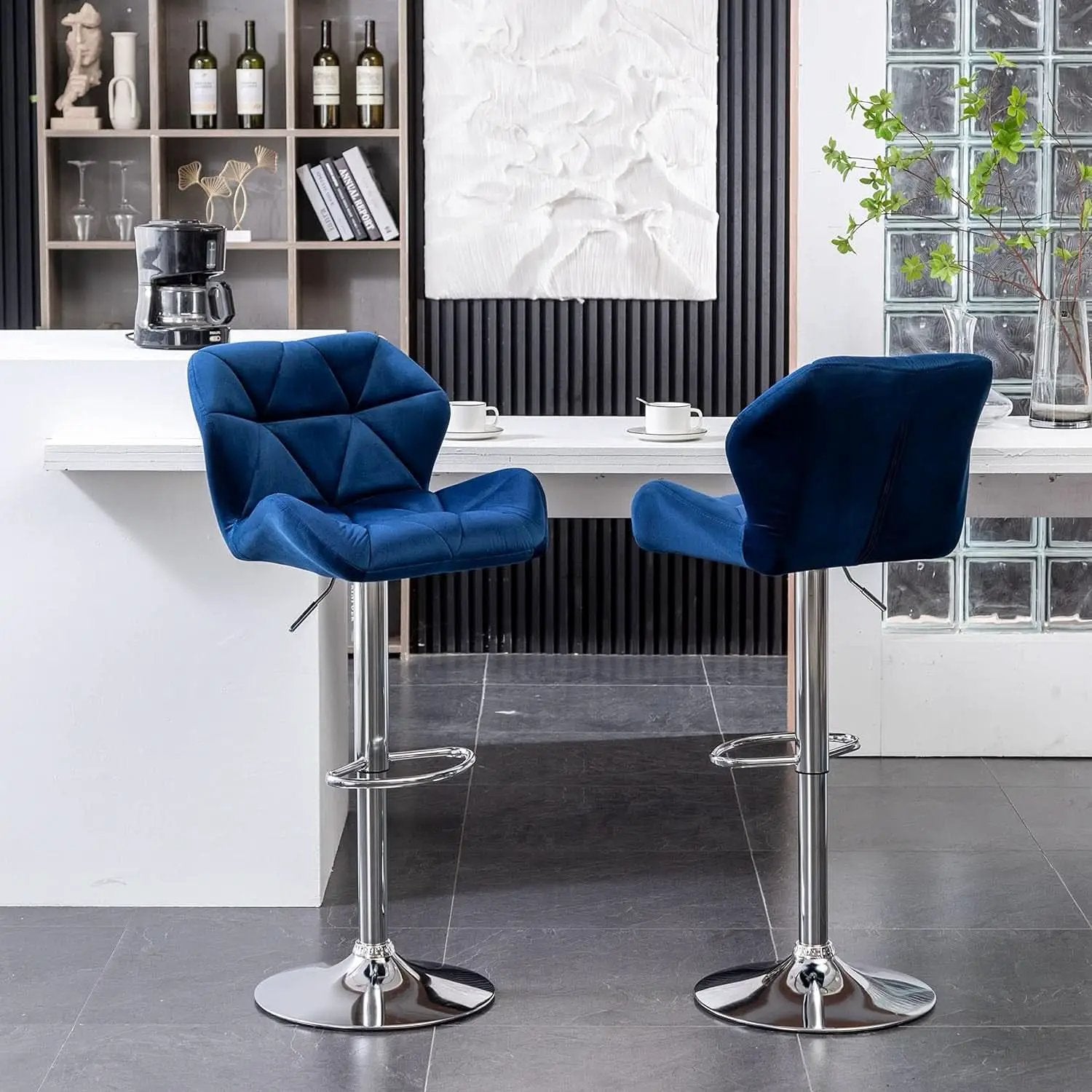 Velvet Diamond Tufted Swivel Barstools Blue Adjustable Height Set of 2 from PriceLows™