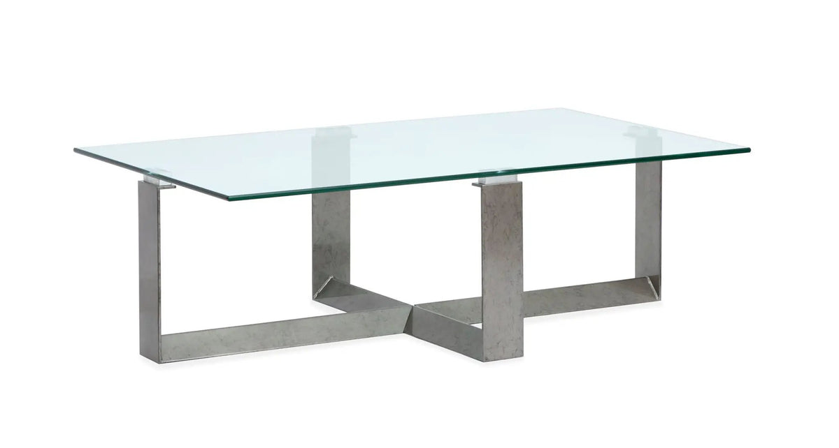 Holden Rectangular End Table | Aged Pewter Metal Frame | Tempered Glass Top | Triangular Base
