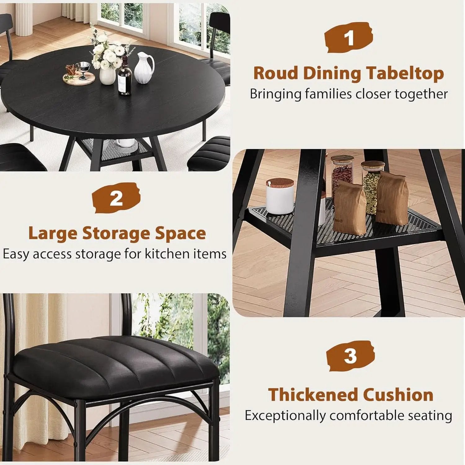 Round Circular Dining Table Set Black Diameter47Inches from PriceLows™
