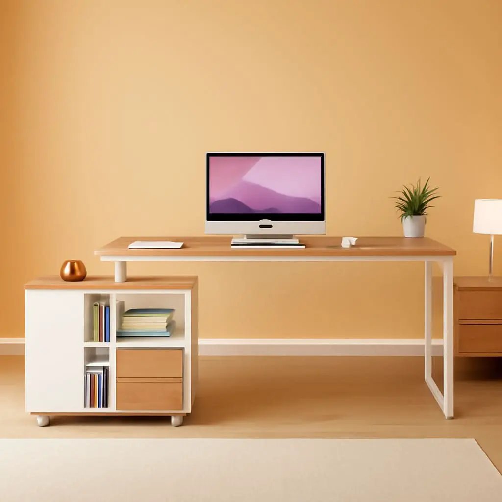 63 Inch L Desk With File Cabinet Walnut White Finish from PriceLows™