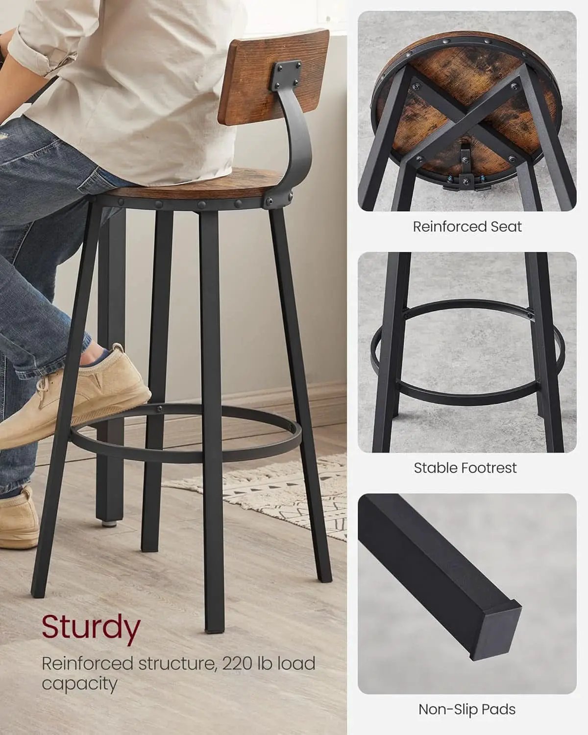 Bar Stools Set Of 2 Counter Height 28.7 Inch With Back Rustic Brown And Black from PriceLows™