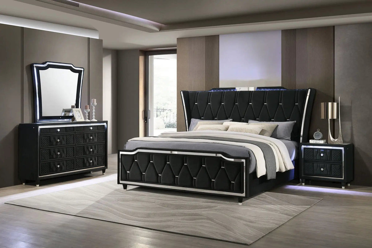 Lorient 4-piece Queen Bedroom Set | 4-Piece Set | Velvet & Tempered Glass | Black