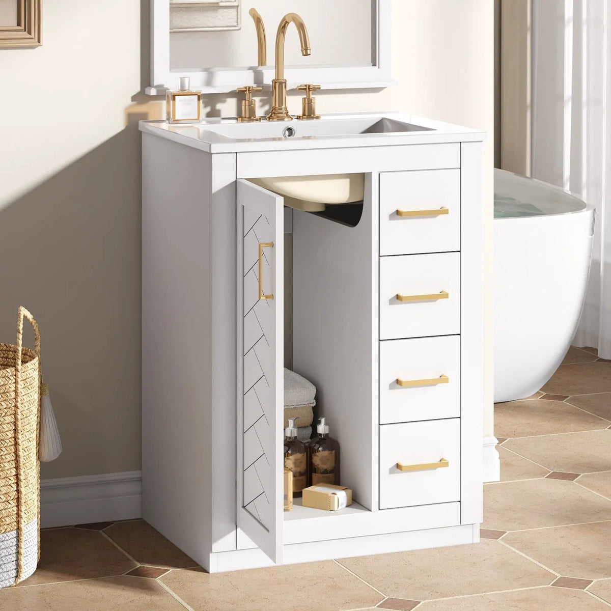 24 Inch Modern Bathroom Vanity | 1 Door 3 Drawers | Ceramic Sink | Compact Footprint
