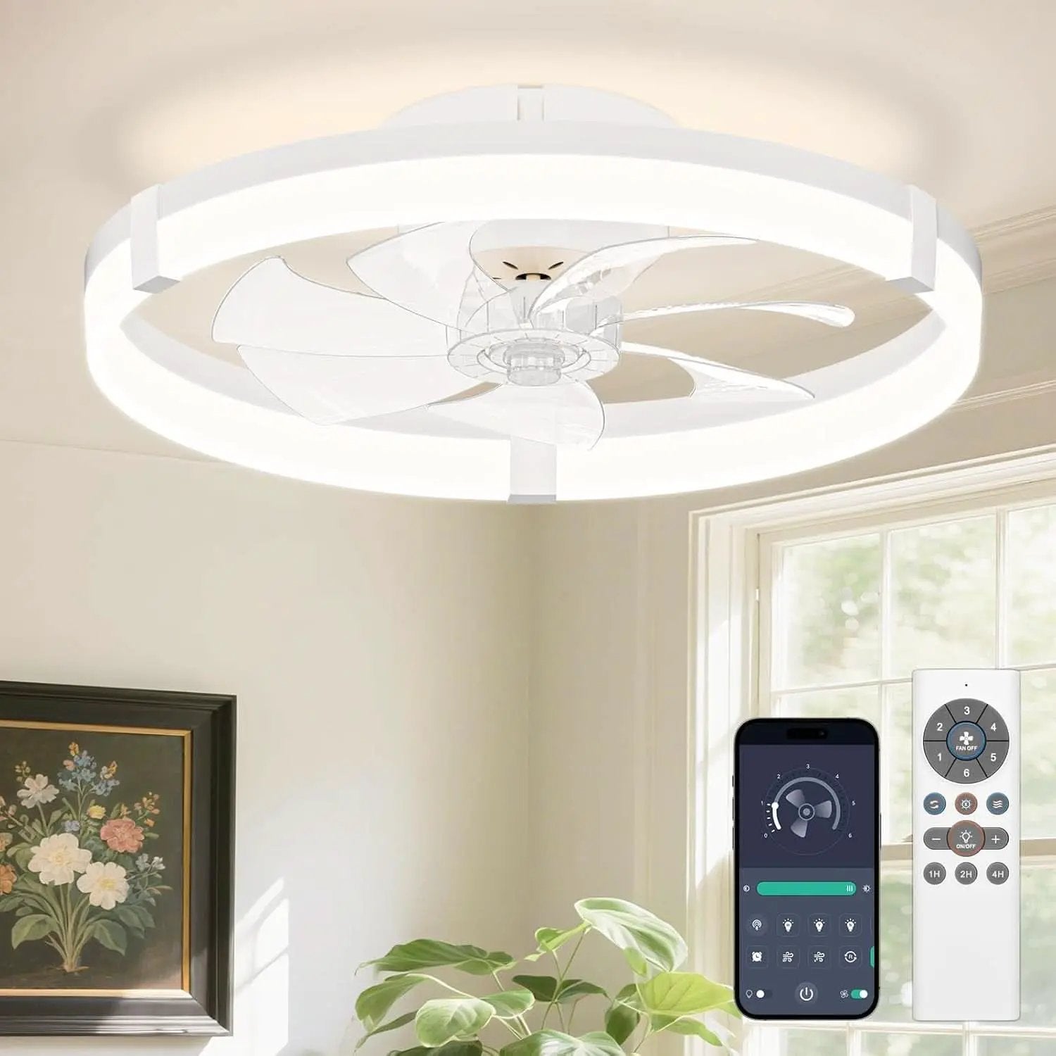Flush Mount Ceiling Fan With Dimmable LED Lights White from PriceLows™