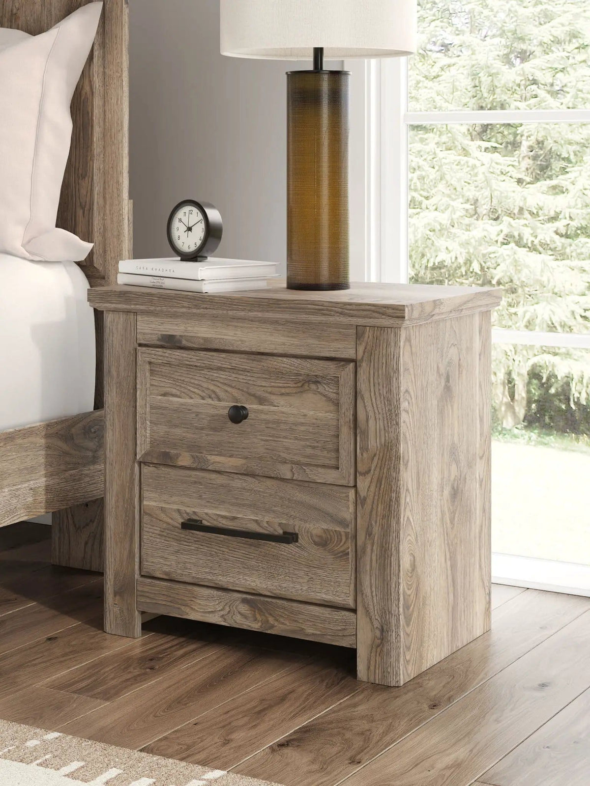 Rusticott Two Drawer Night Stand Nightstands w/ Charging Station | 26.1 x 16.06 x 25.35 in | Engineered Wood & Linen | Brown