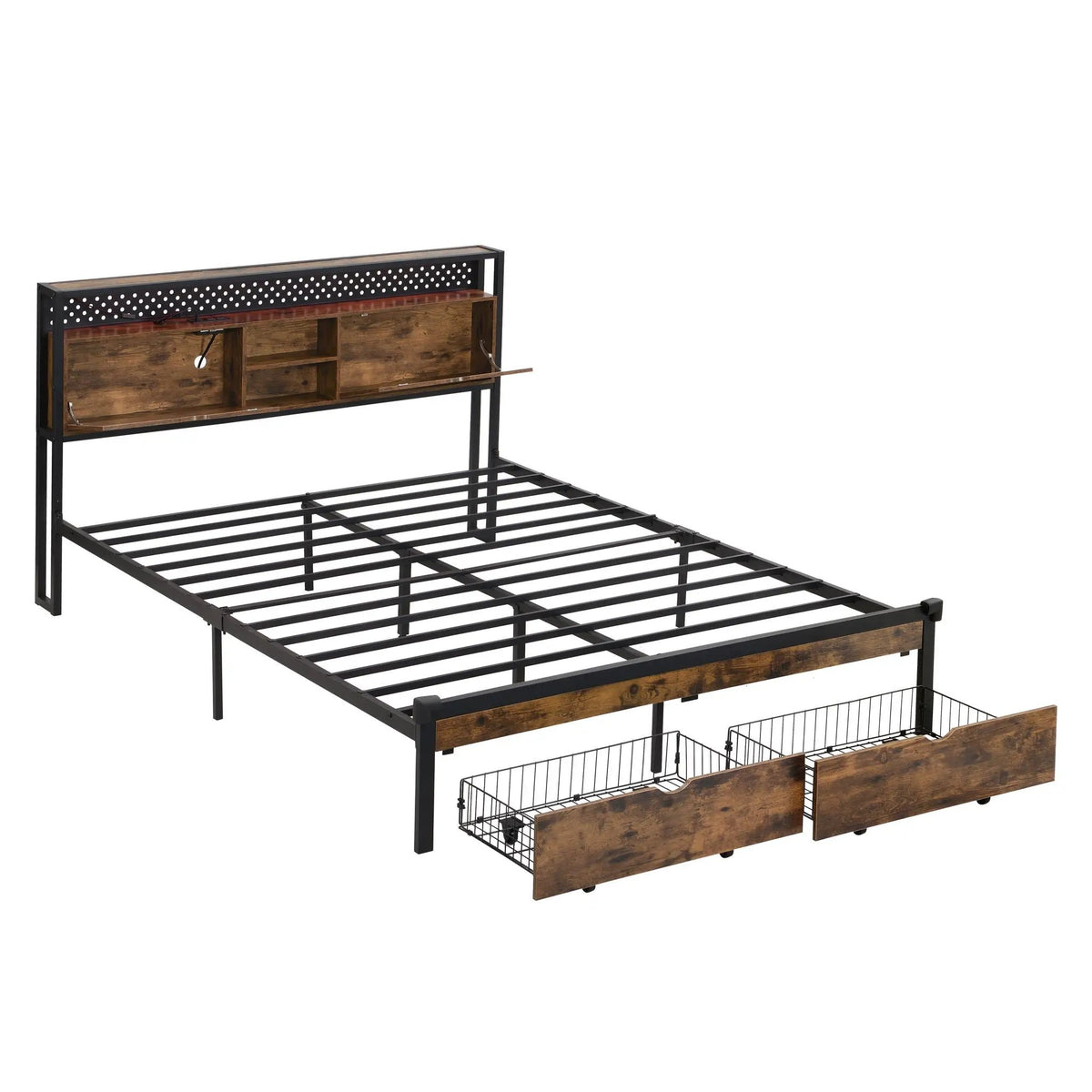Metal Platform Bed Frame | Wooden Headboard | USB LED Storage