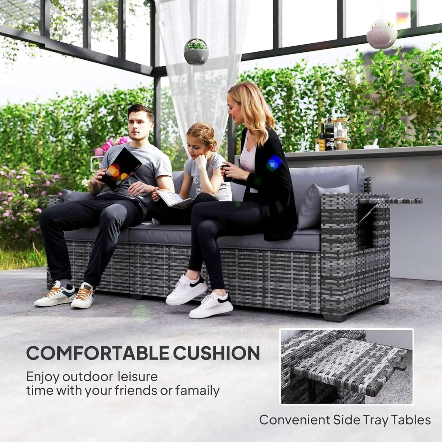 Three Seater Wicker Sofa with Side Tray Tables from PriceLows™