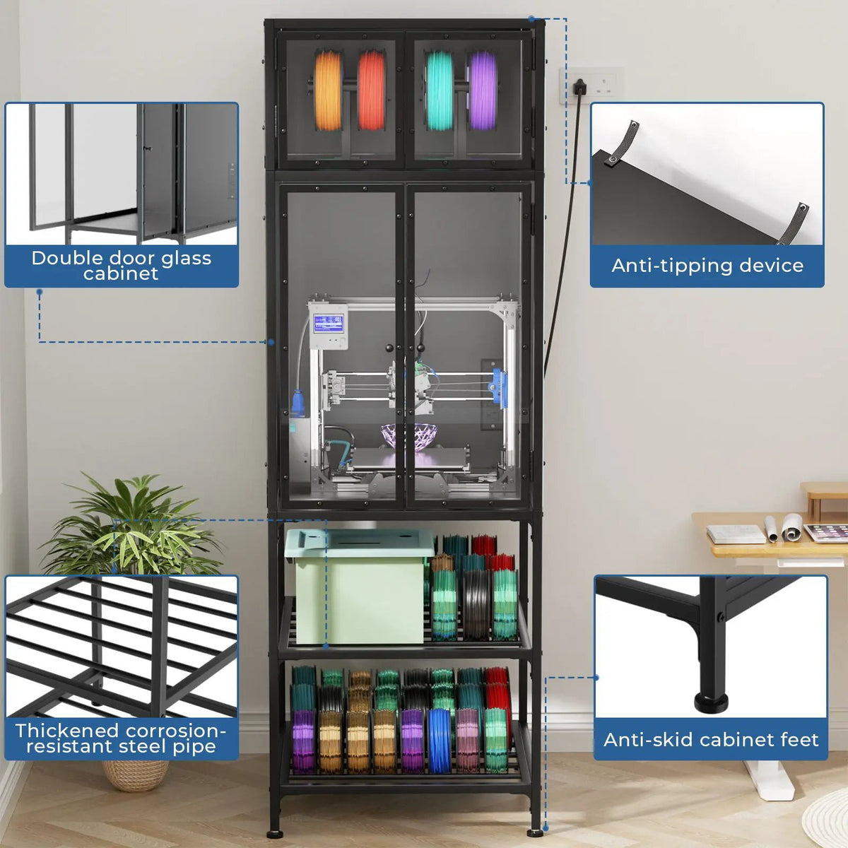 3D Printer Cabinet | Double Layer Filament Storage | T-Shaped Filament Bar | Noise Reducing Dust Proof