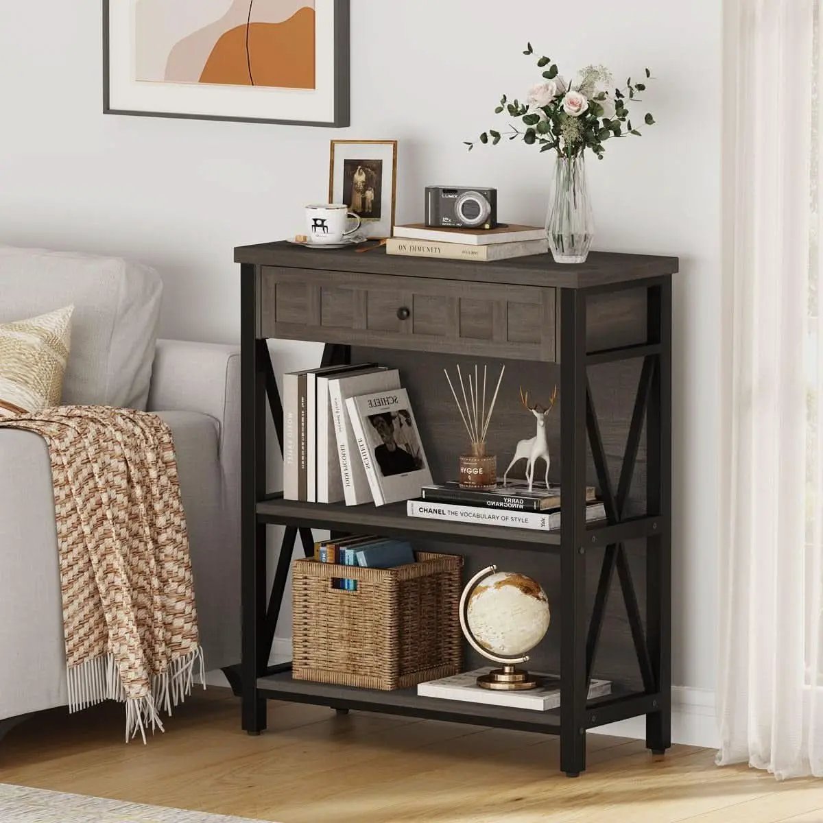 Rustic Bookshelf With Drawer Walnut Brown Industrial Wood And Metal from PriceLows™