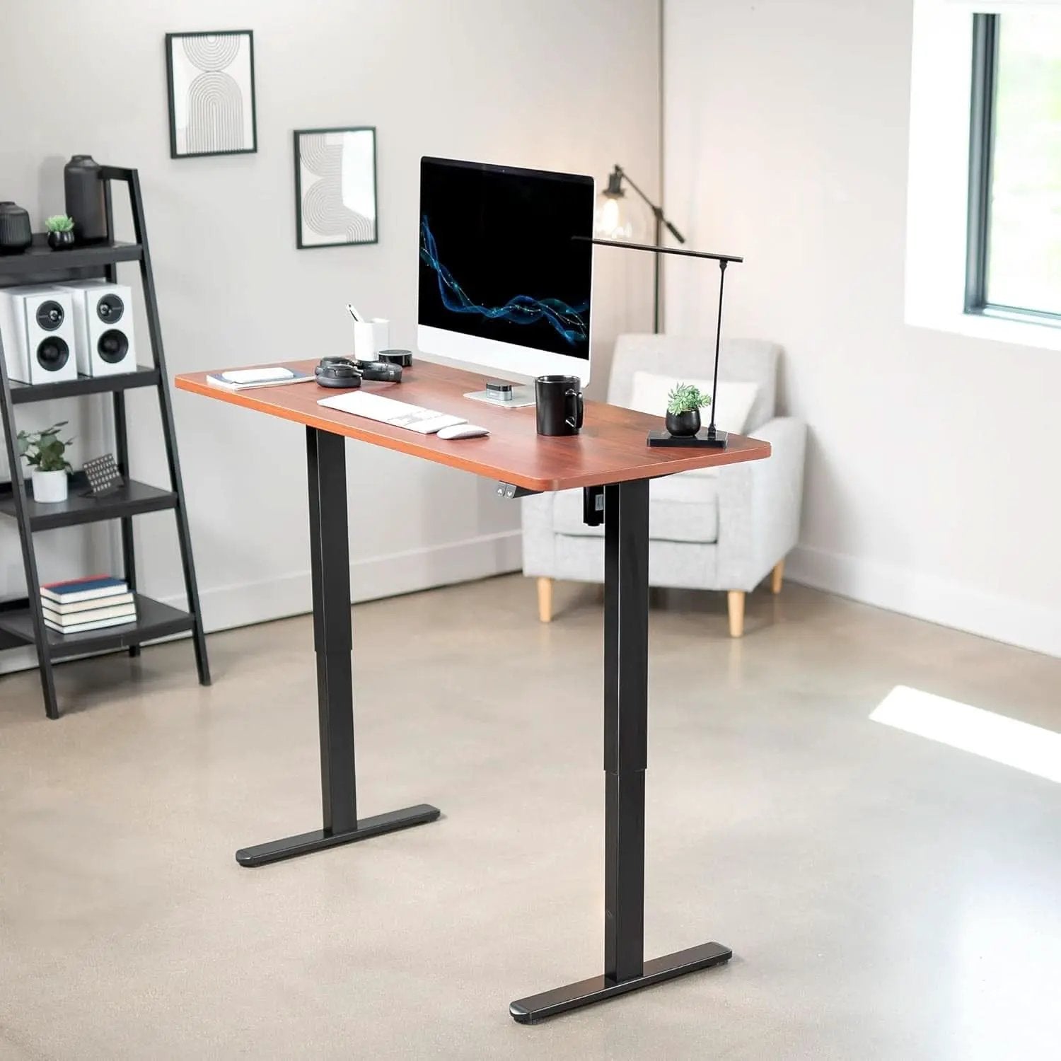 60 Inch Electric Height Adjustable Desk Dark Walnut Top Black Frame from PriceLows™