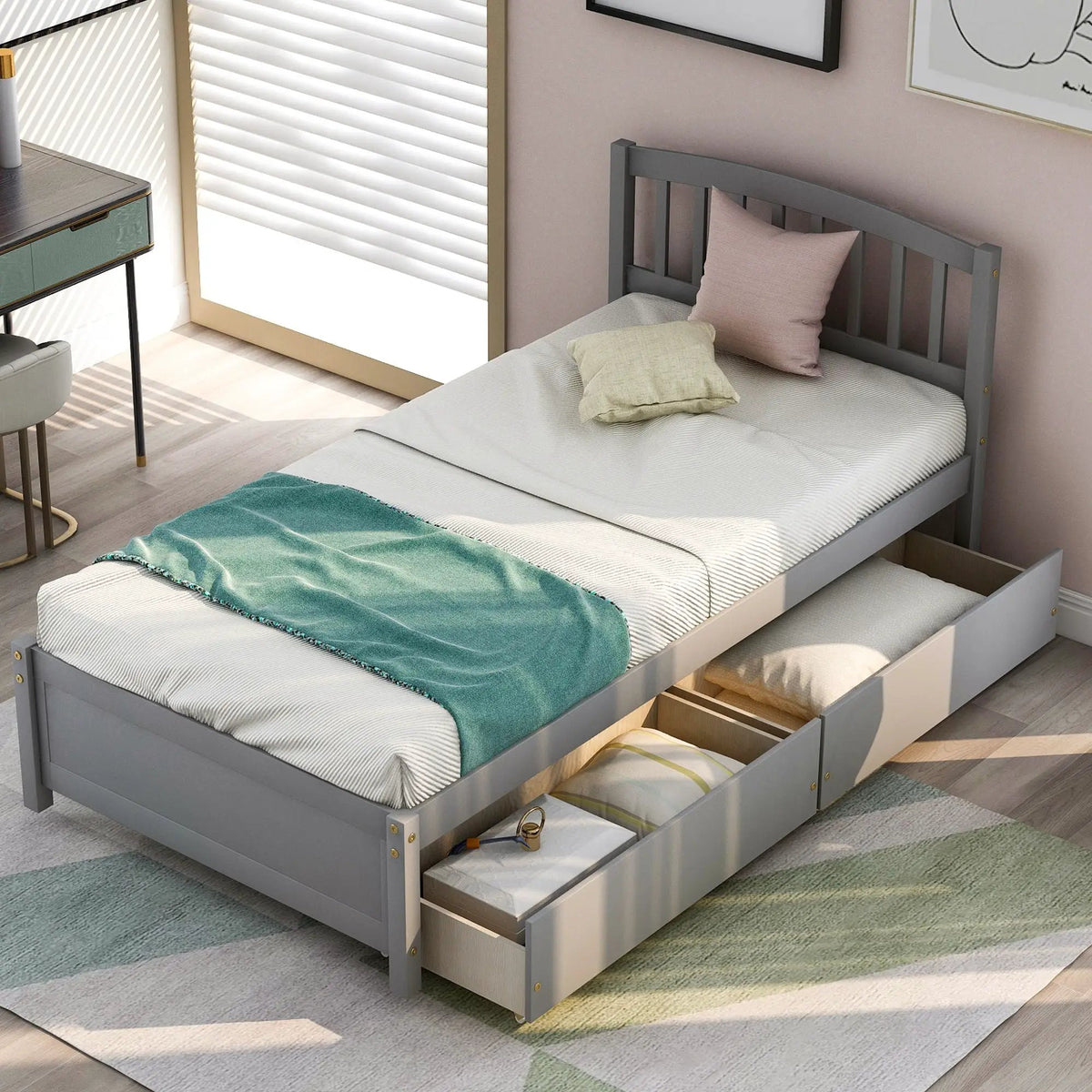 Platform Storage Bed | Wood Frame | Two Drawers | Headboard And Footboard