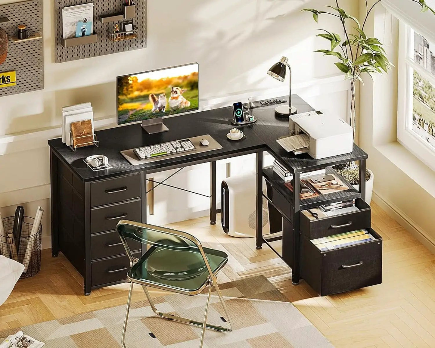 L Shaped Computer Desk 55 Inch With 6 Drawers Home Office from PriceLows™