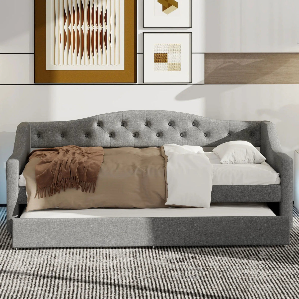 Daybed With LED Lights | Upholstered Trundle Daybed | Thickly Padded Sponge | 84 Inch Length