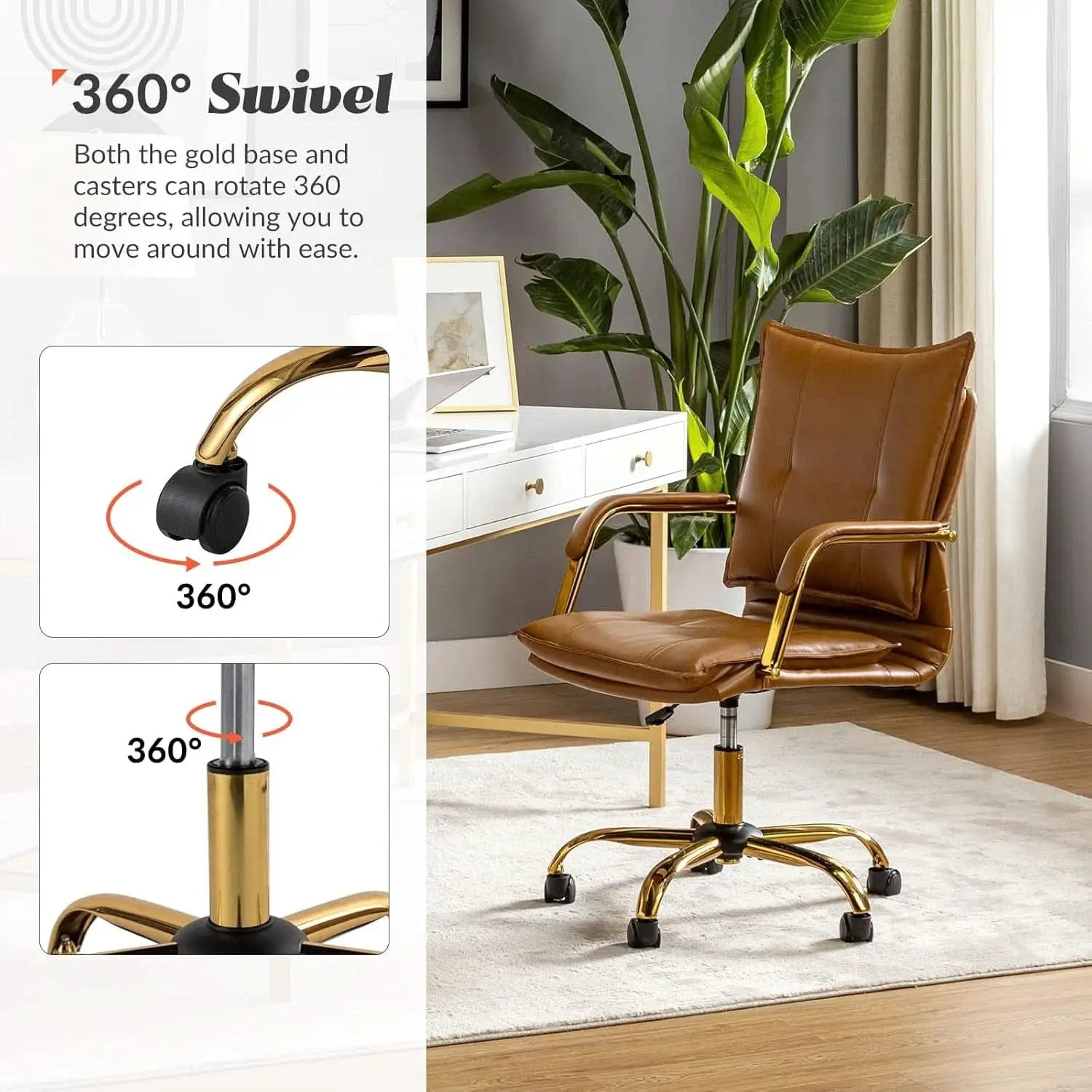 Adjustable Faux Leather Desk Chair With Golden Legs Camel from PriceLows™