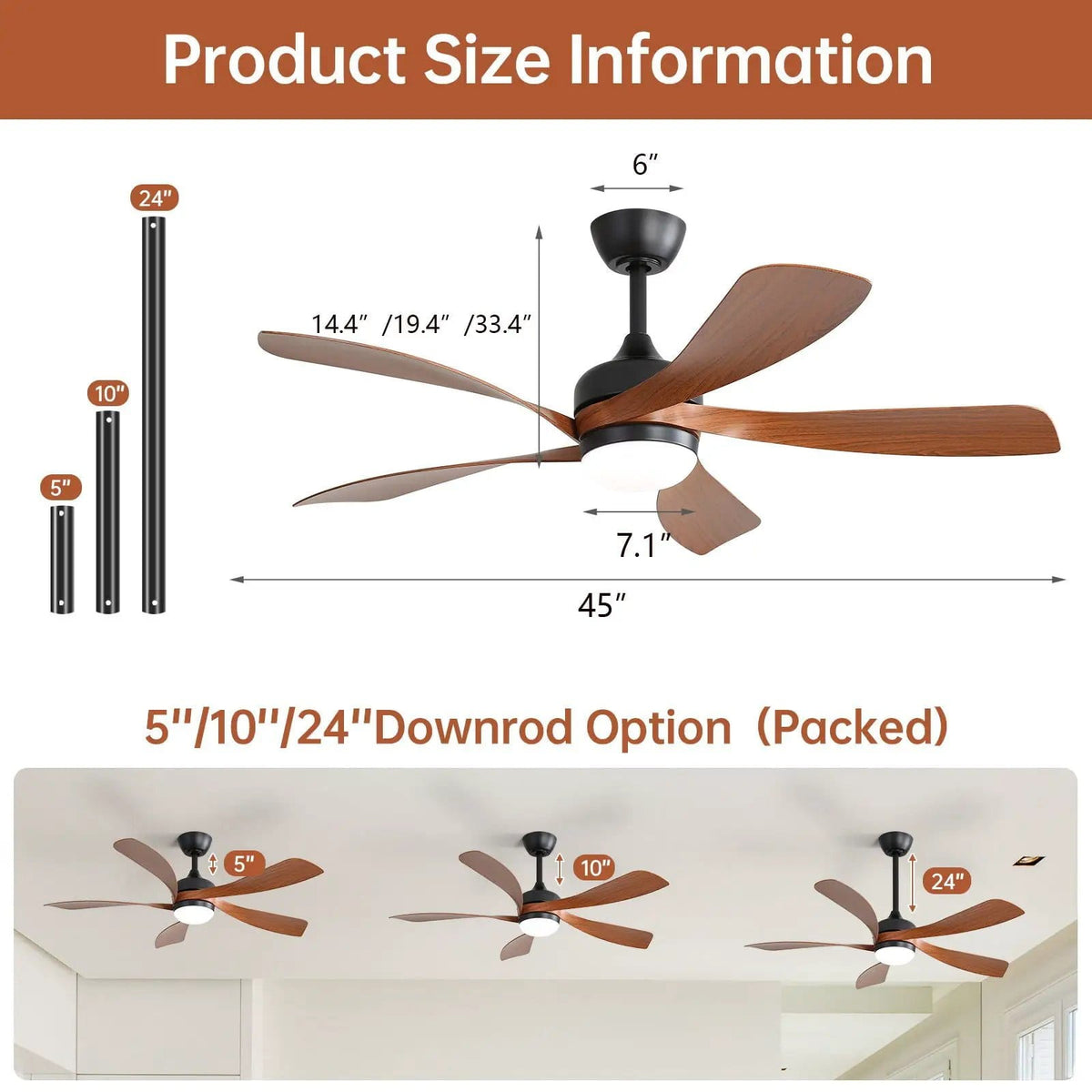 Ceiling Fan & DC Motor And Integrated Light | 3 Pieces | Wood | Home