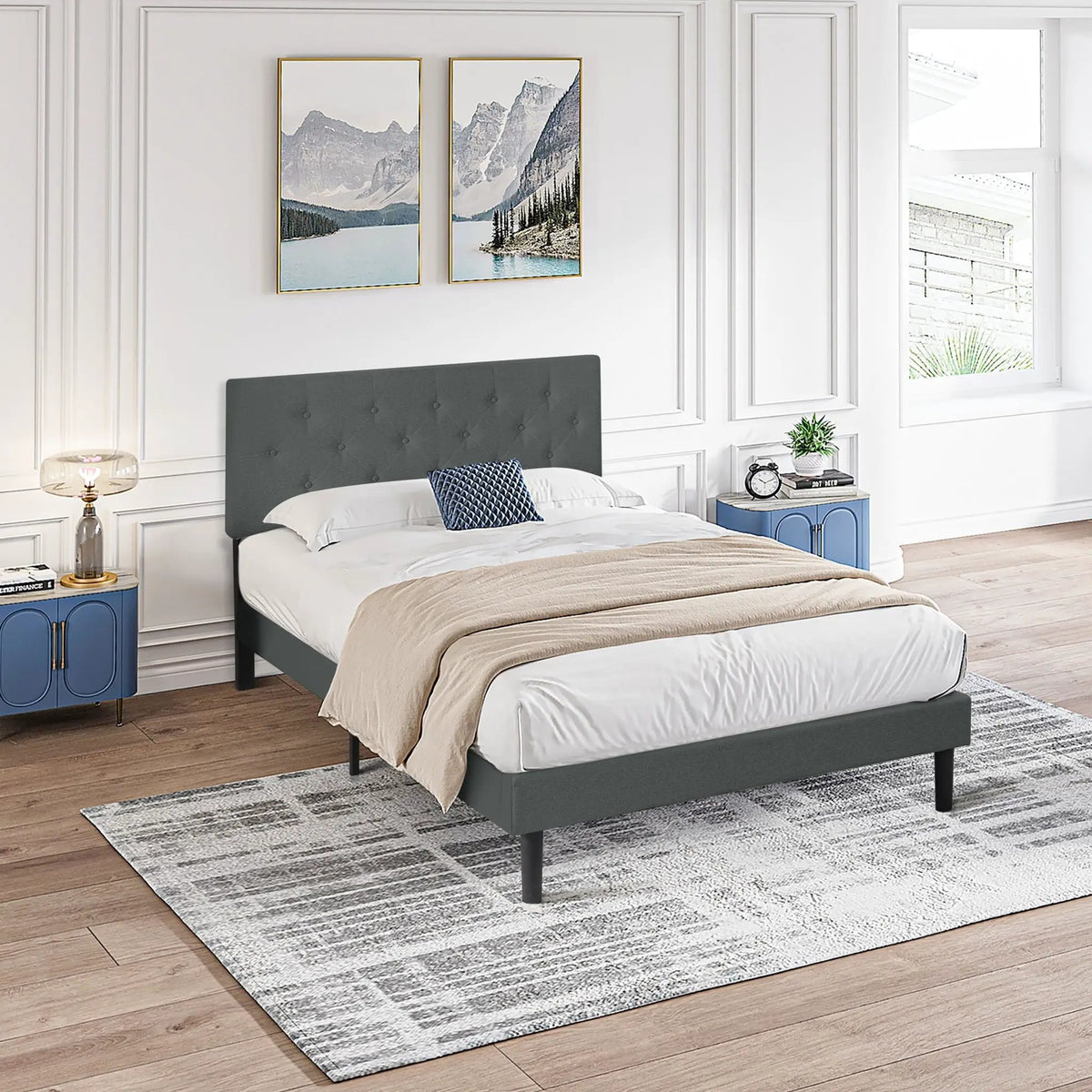 Platform Bed Frame | Button Tufted Headboard | Box Spring Free