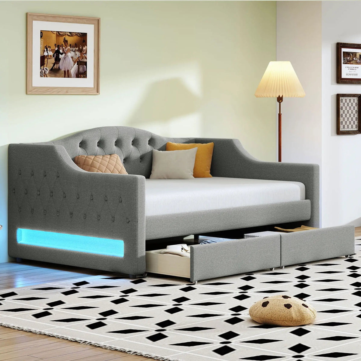 Daybed With LED Lights | Upholstered Trundle Daybed | Thickly Padded Sponge | 84 Inch Length