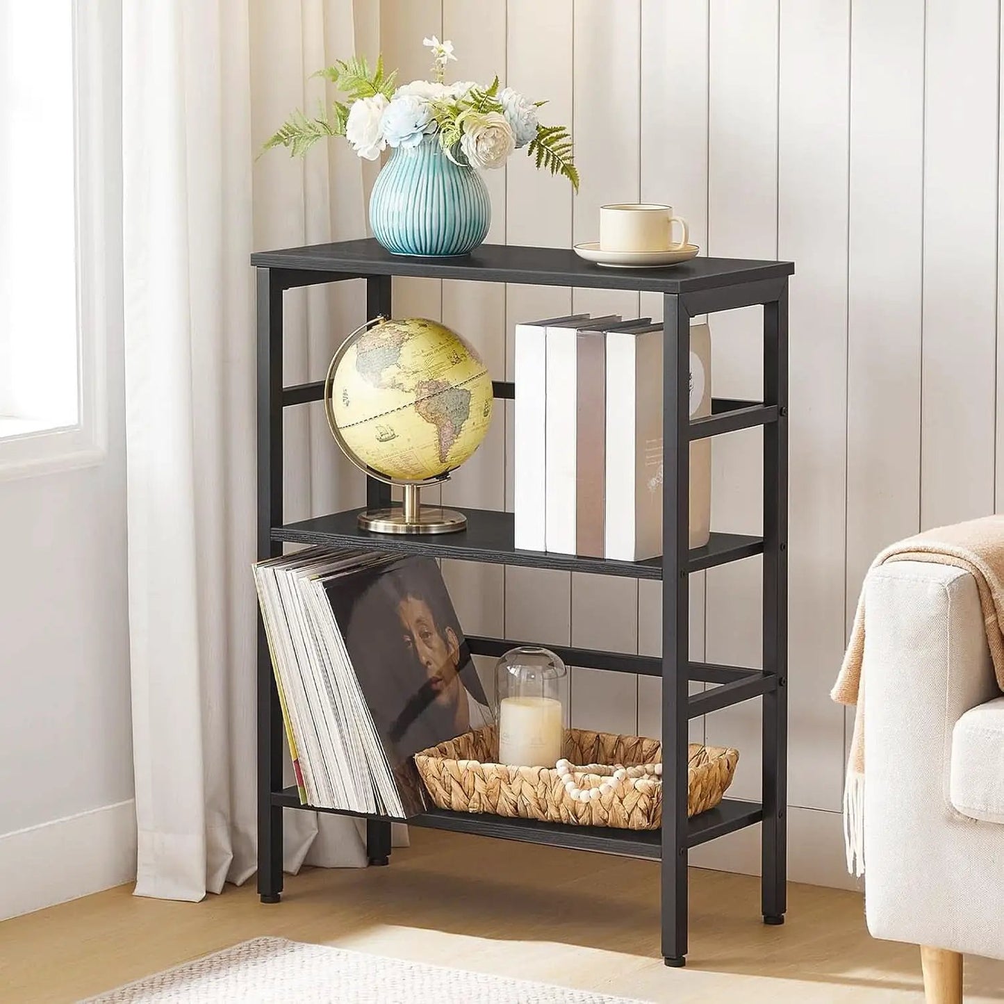 Three Tier Bookshelf Industrial Bookcase And Record Storage Rack With Side Fence Black Metal Frame Rustic Wood from PriceLows™