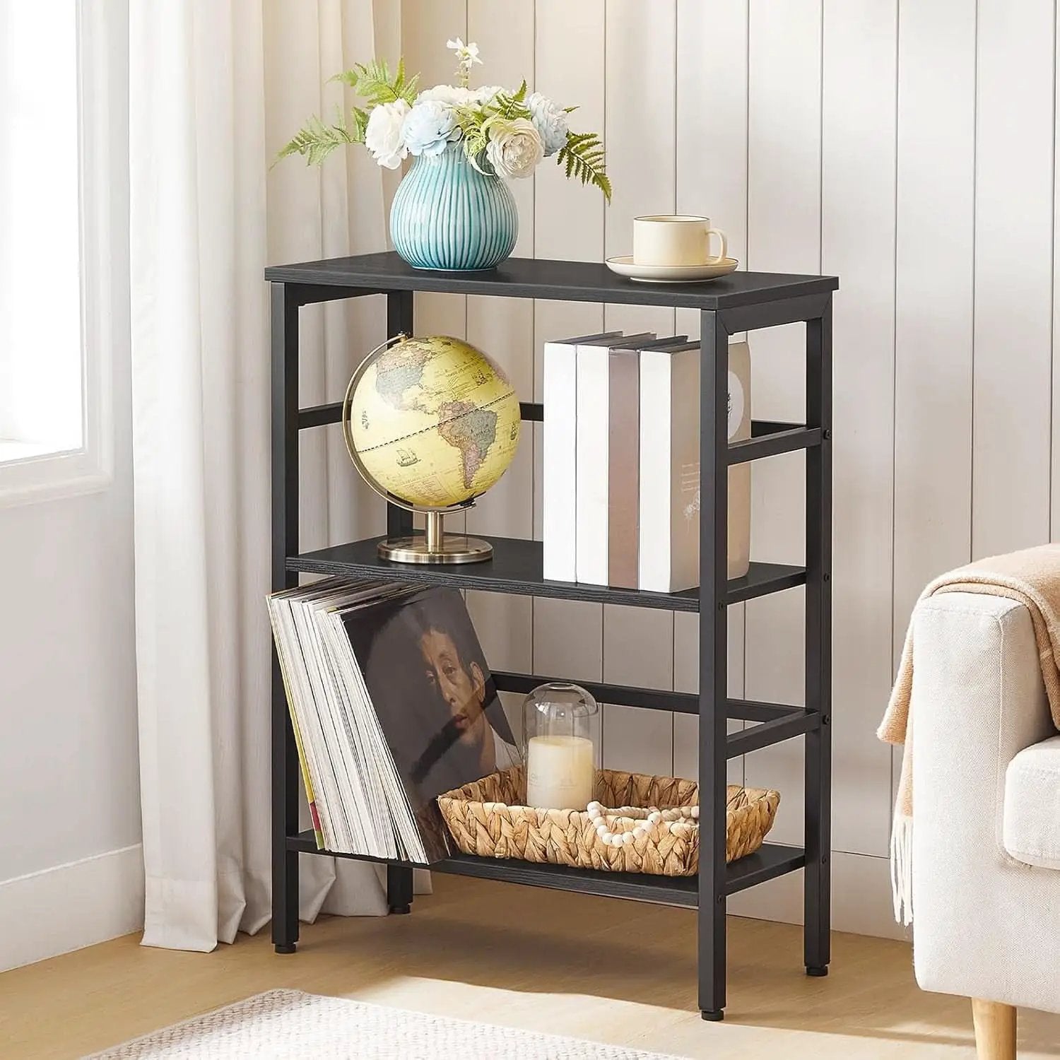 Three Tier Bookshelf Industrial Bookcase And Record Storage Rack With Side Fence Black Metal Frame Rustic Wood from PriceLows™