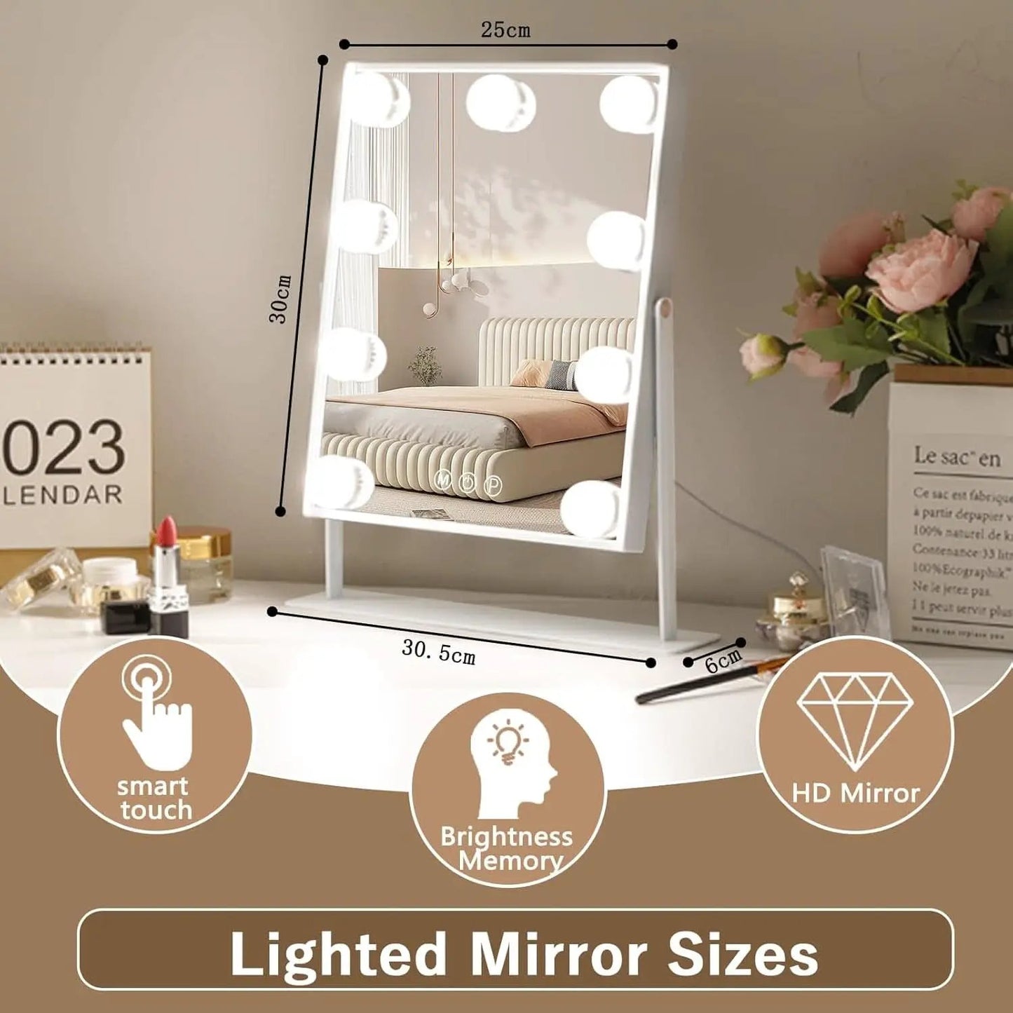 Lighted Vanity Mirror 12x10 Inch With 9 LED Bulbs 360 Rotation from PriceLows™
