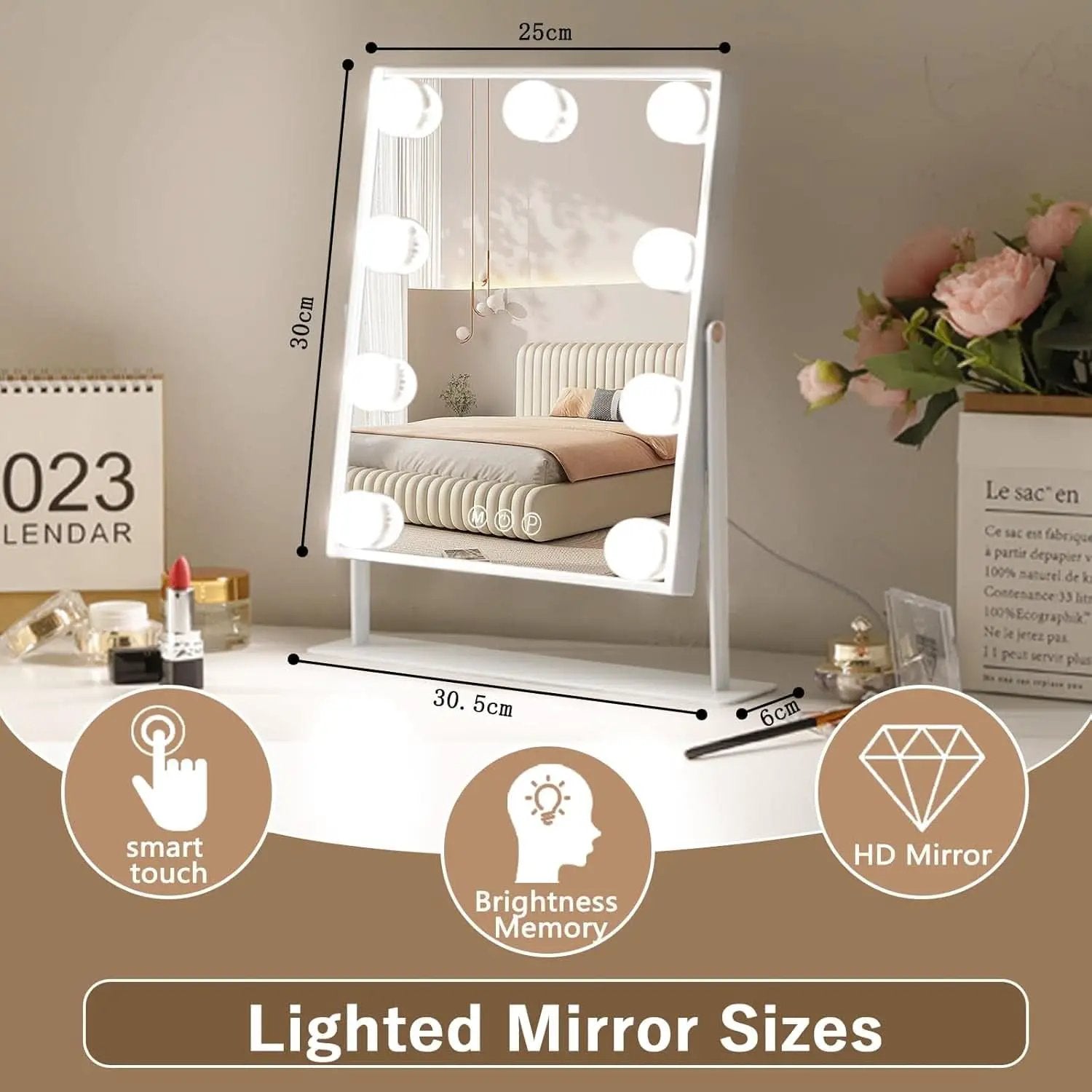 Lighted Vanity Mirror 12x10 Inch With 9 LED Bulbs 360 Rotation from PriceLows™