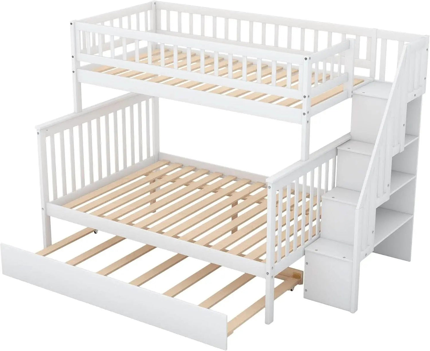 Twin Over Full Bunk Bed With Stairs And Trundle White Wood from PriceLows™