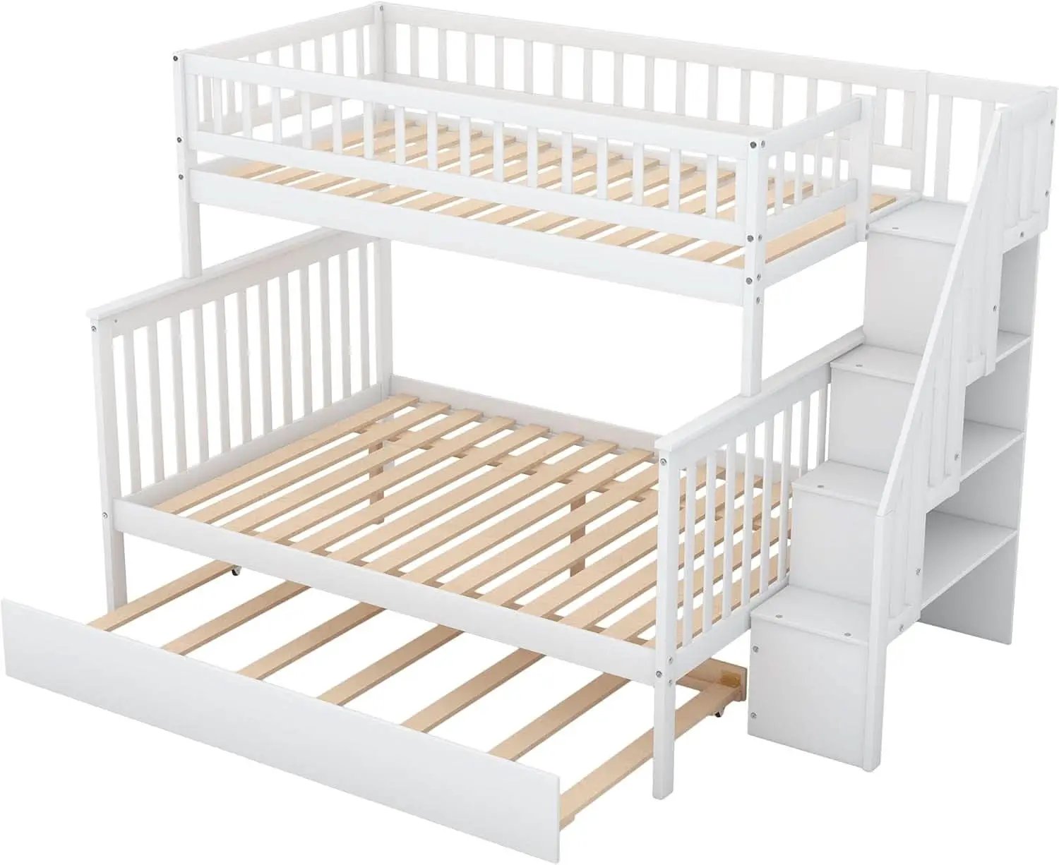 Twin Over Full Bunk Bed With Stairs And Trundle White Wood from PriceLows™