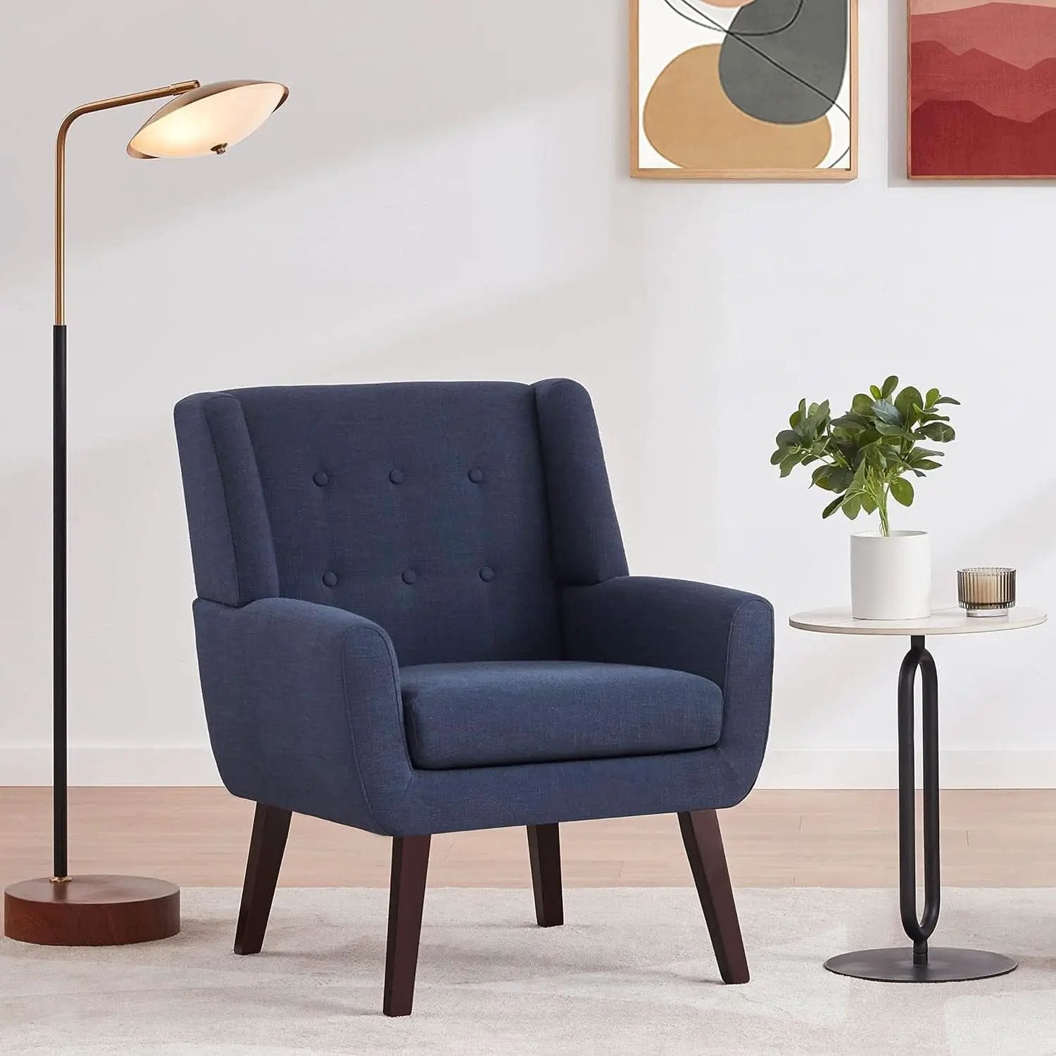 Dark Blue Linen Upholstered Tufted Midcentury Armchair from PriceLows™