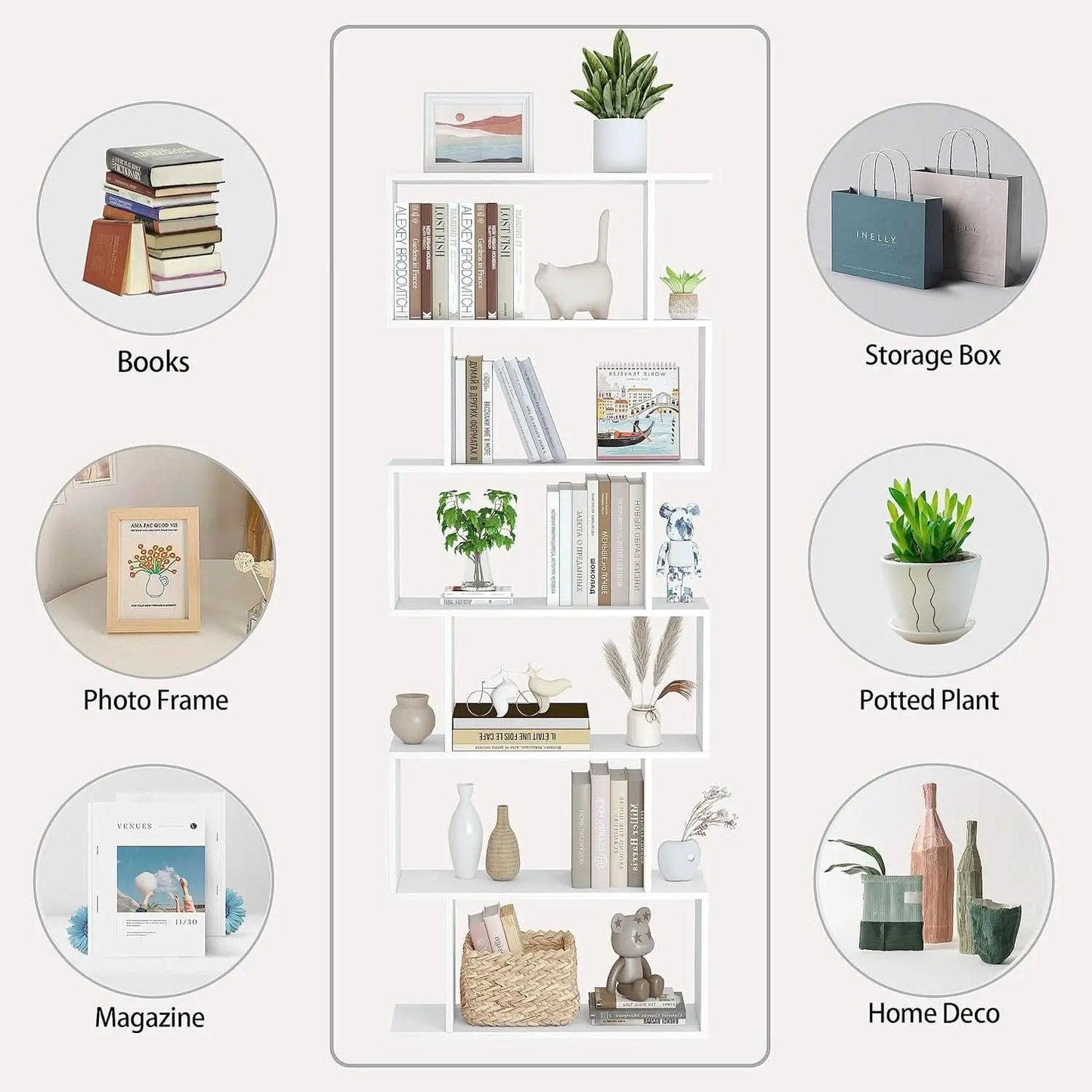S Shaped Bookshelf White 6 Tier Display Bookcase Office from PriceLows™