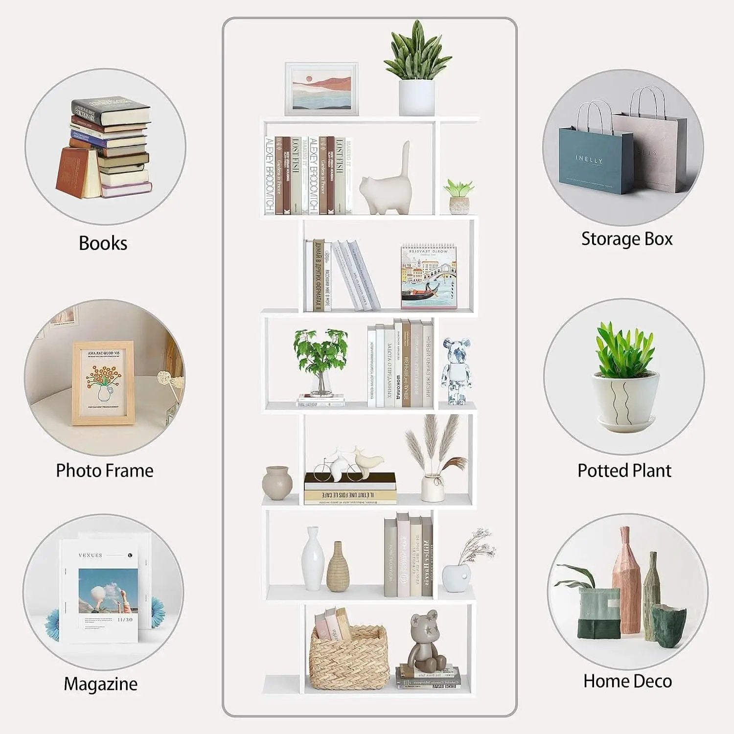 S Shaped Bookshelf White 6 Tier Display Bookcase Office from PriceLows™