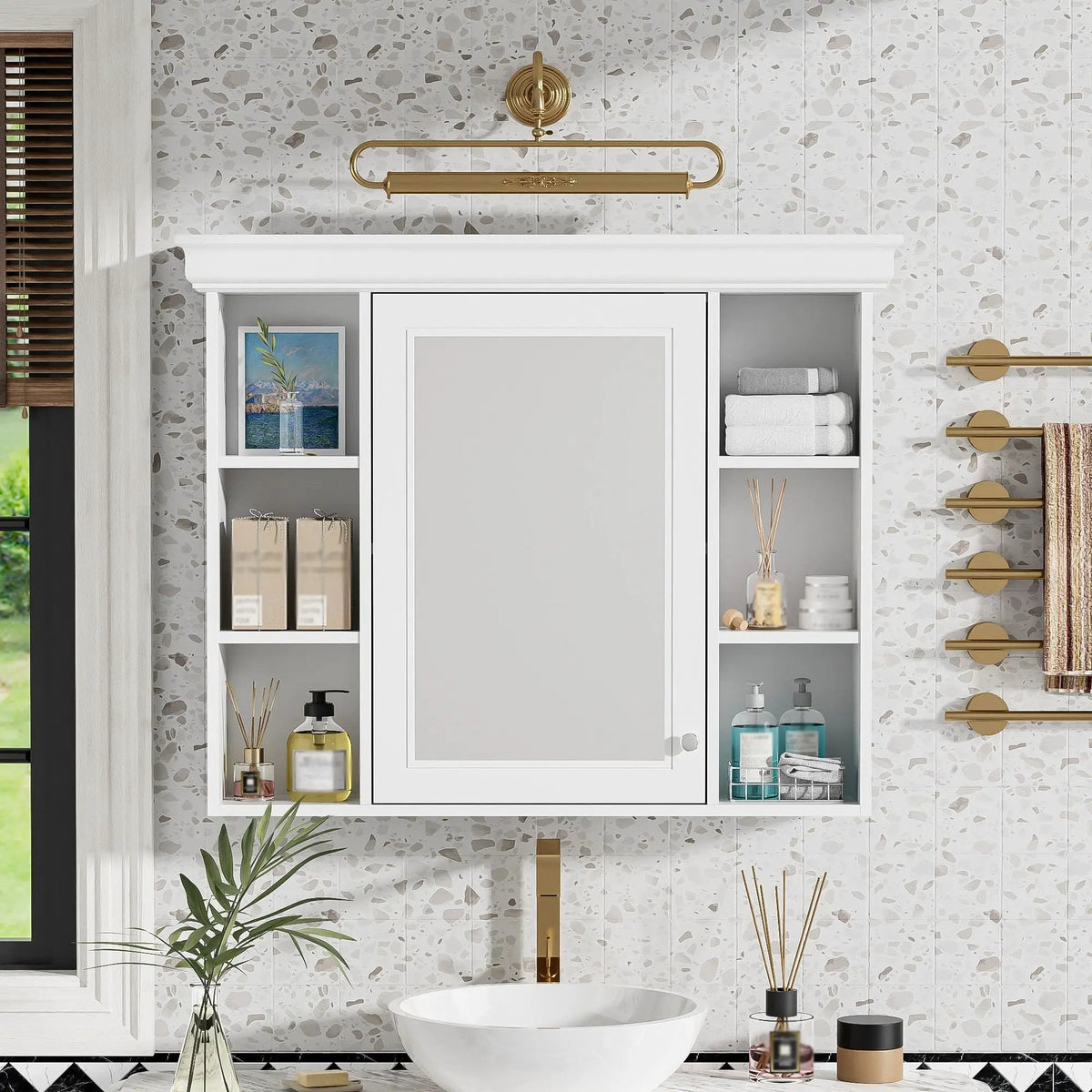 Wall Mounted Bathroom Storage Cabinet | Mirror Door | Silver Metal Handles | Open Shelves