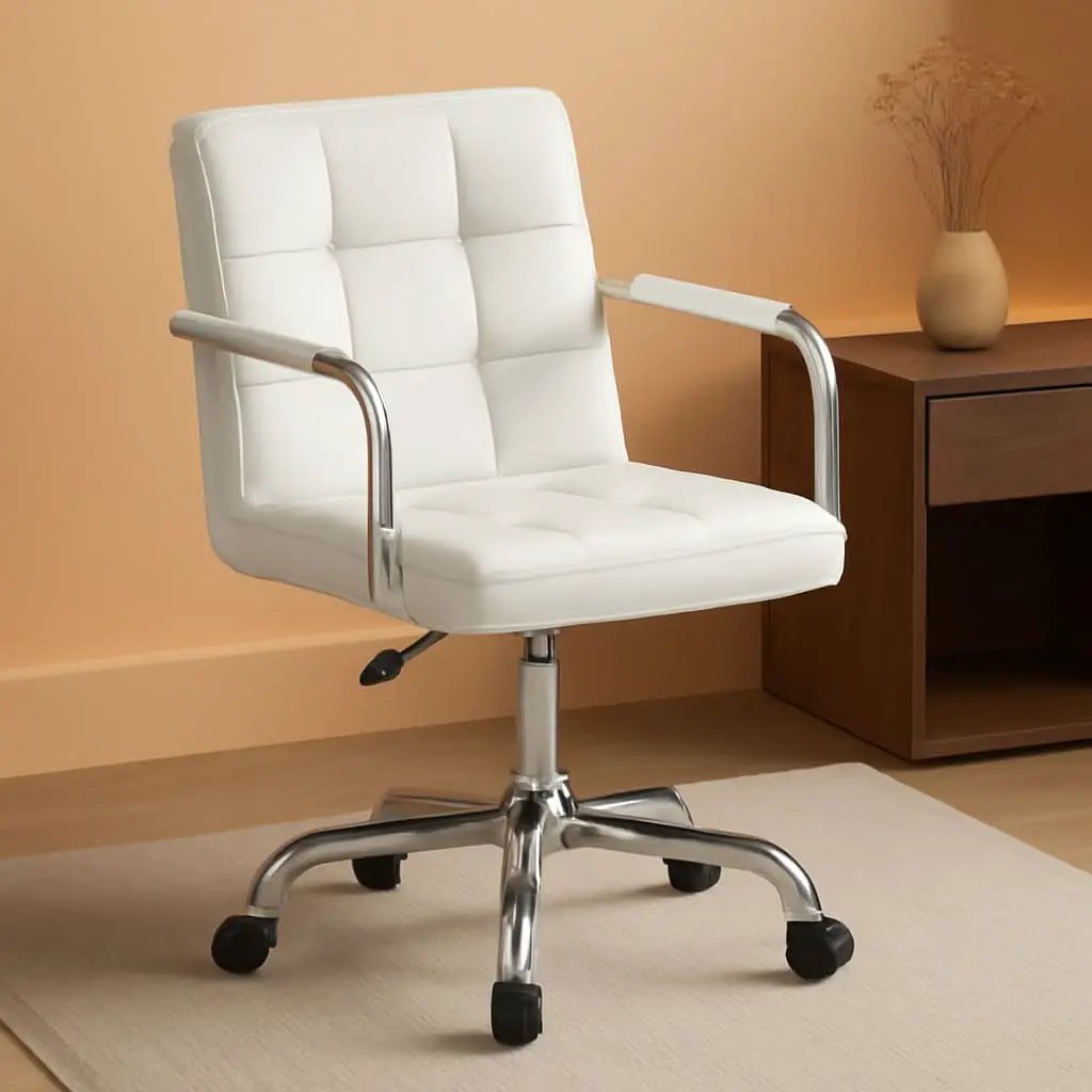 White PU Leather Desk Chair With Wheels Mid Back Office Chair from PriceLows™