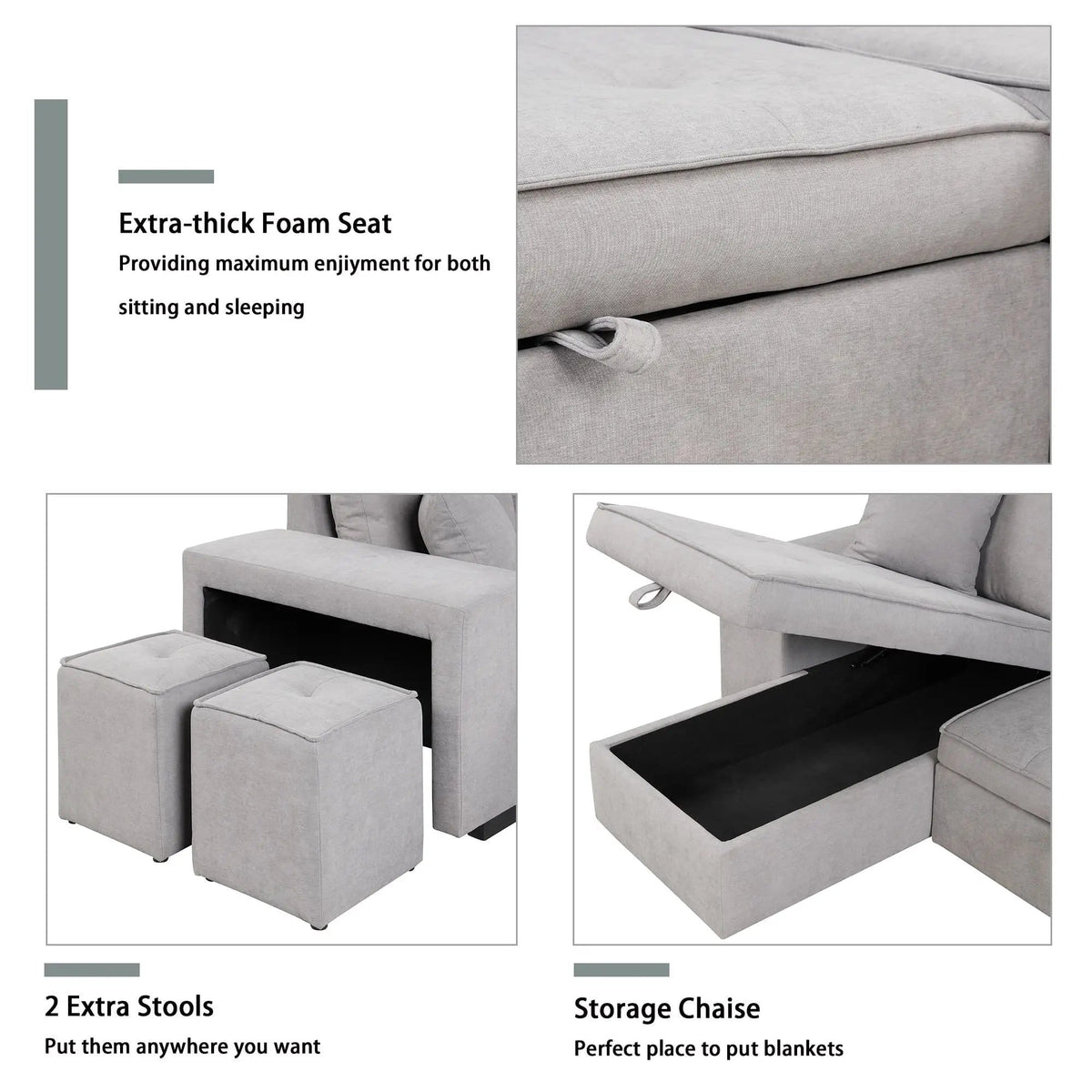 Modern L-Shape 3 Seat Reversible Sectional Couch, Pull Out Sleeper Sofa With Storage | 4 Pieces | Fabric | Living Room