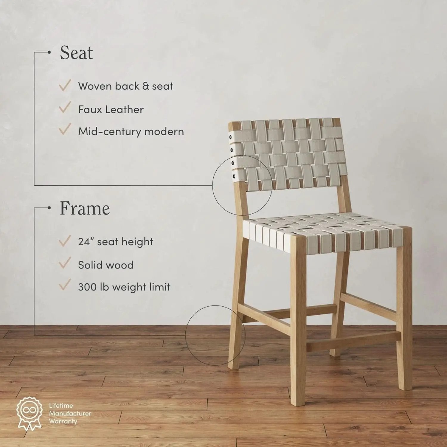 Mid Century Modern Bar Stool With Back In Off White Faux Leather from PriceLows™