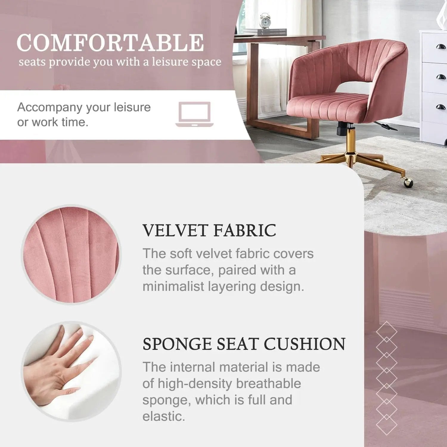 Pink Velvet Swivel Home Office Chair 360 Degree With Gold Base from PriceLows™