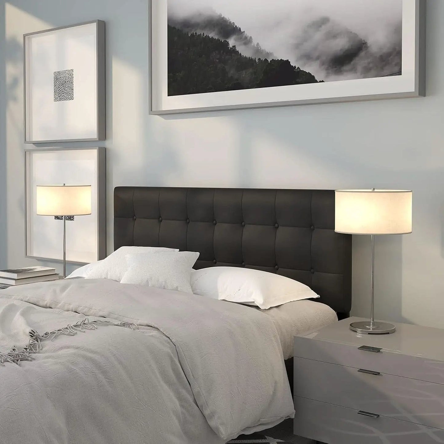 Button Tufted Black Vinyl Queen Size Headboard Upgrade from PriceLows™