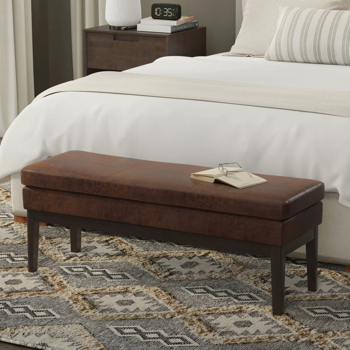 Carlson Ottoman Bench | Mid-Century Design | Top Stitching Detail | Webbed Seat Support