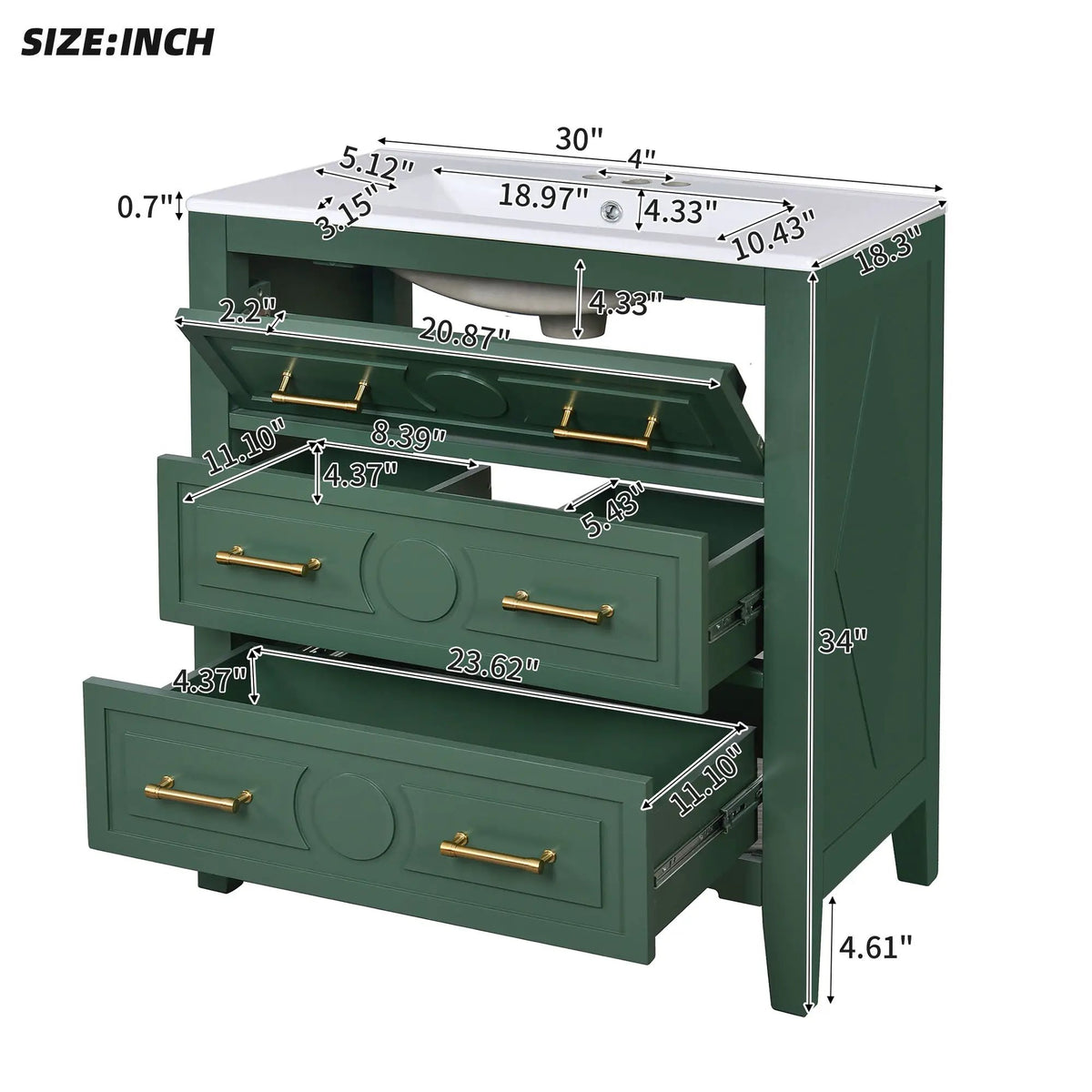30 Inch Retro Bathroom Vanity | Free Standing Single Set | 3 Drawers | Solid Wood Frame