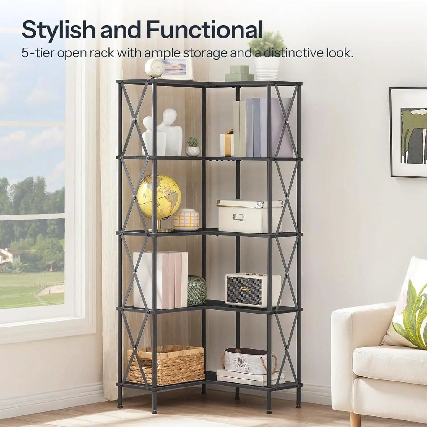 Corner Bookshelf 5 Tier L Shaped Industrial Open Display Shelf Black from PriceLows™