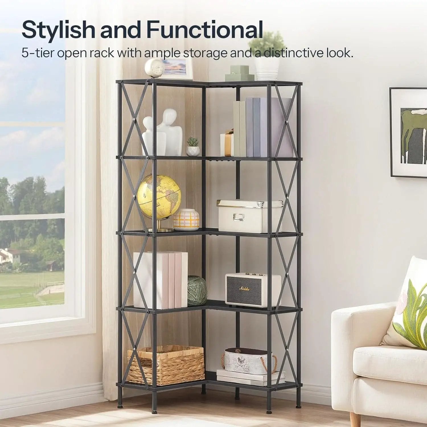 Corner Bookshelf 5 Tier L Shaped Industrial Open Display Shelf Black from PriceLows™