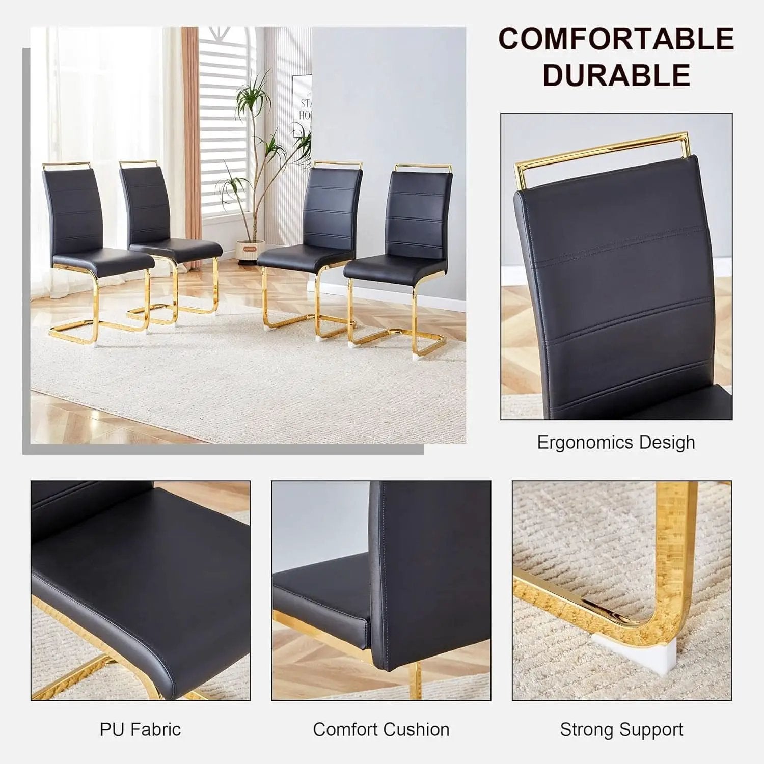 Modern Dining Chairs Set Of 4 PU Faux Leather High Back Black With Gold Legs from PriceLows™