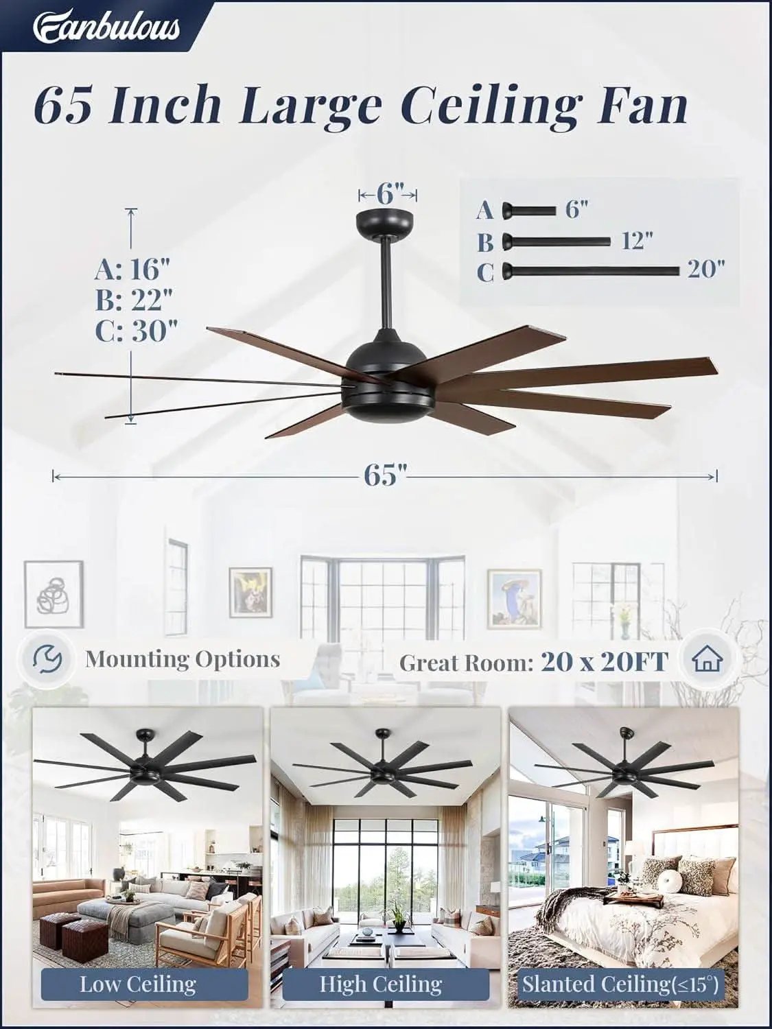 65 Inch Ceiling Fan With Remote Control No Light Indoor Outdoor from PriceLows™