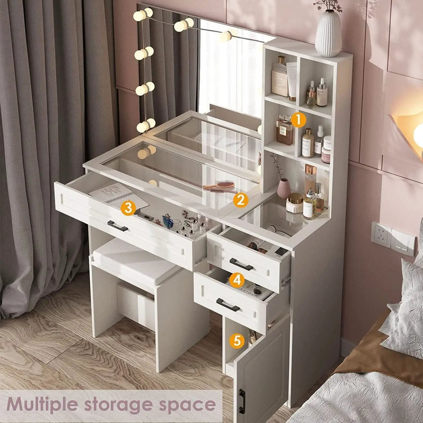 White Vanity Table Set With Glass Top Hollywood Mirror from PriceLows™