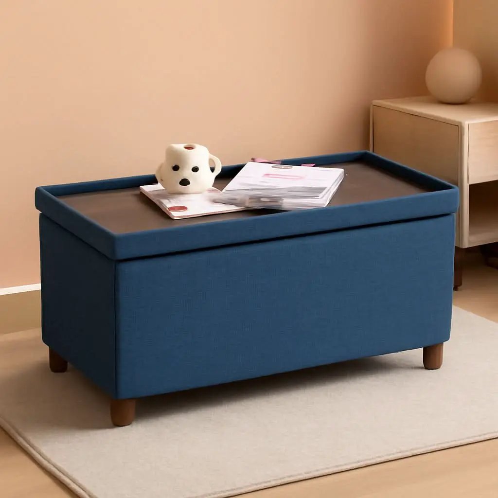 Blue Linen 30-Inch Storage Ottoman Bench Removable Lid from PriceLows™