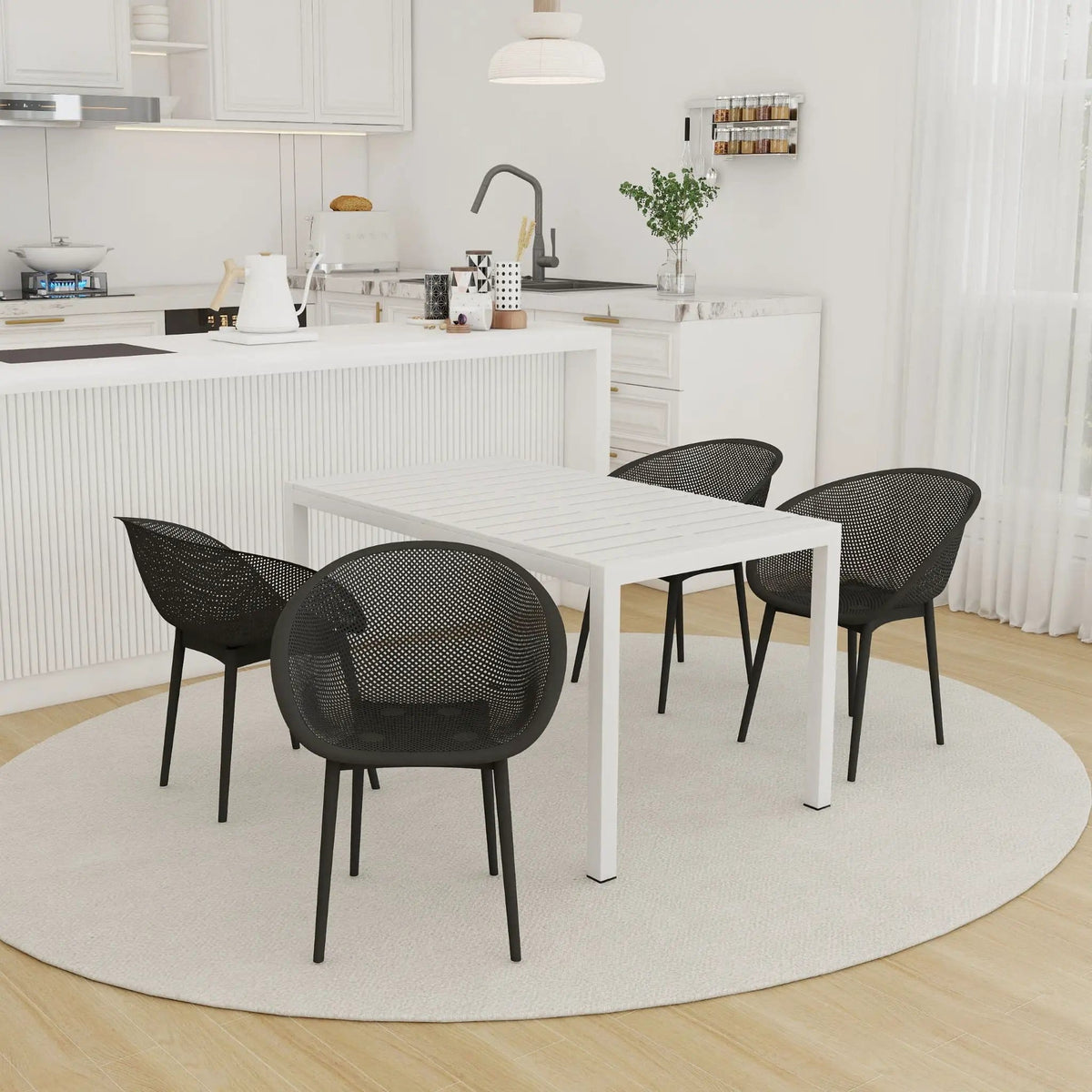 4 Pack Lounge Chair Set With Long Table | 5 Piece Outdoor Set | Metal | Dining Room