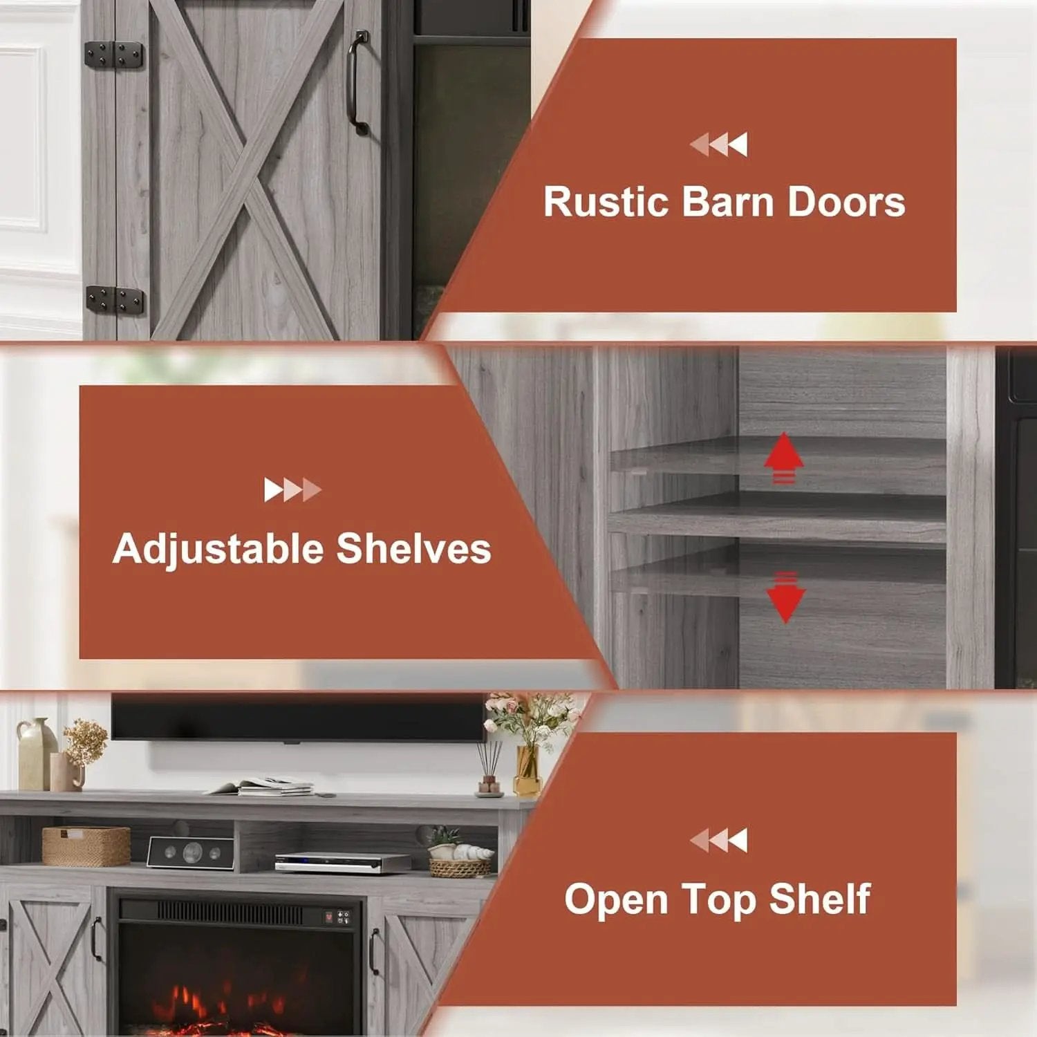 Rustic Fireplace TV Stand 65 Inch with Barn Doors Grey Wash from PriceLows™