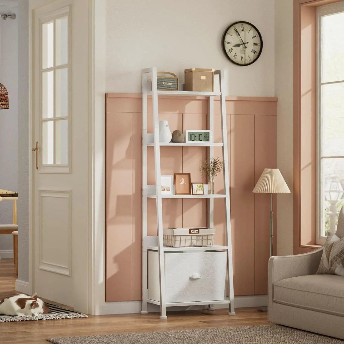 5 Tier White Ladder Shelf With Removable Fabric Drawer from PriceLows™